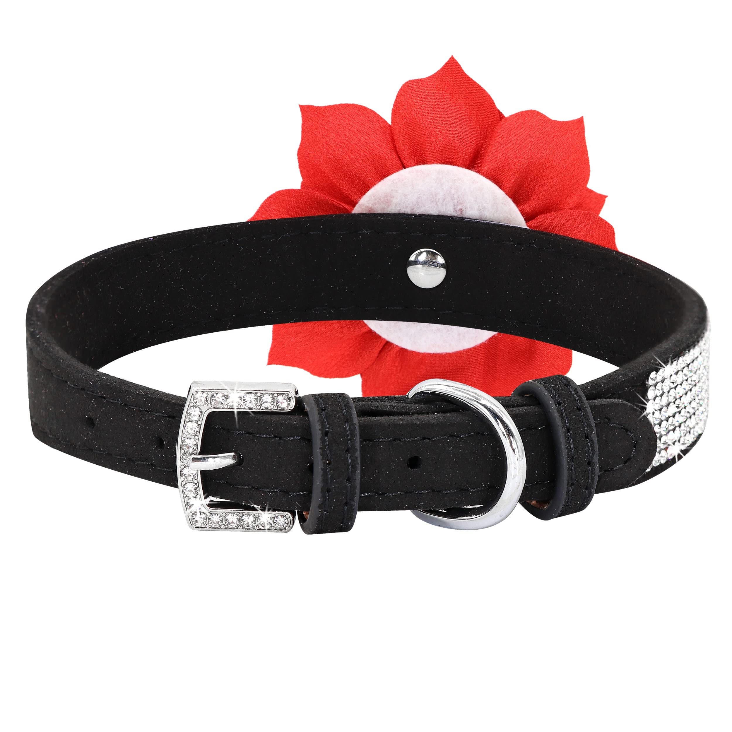 Pet Artist Cute Girl Rhinestone Suede Dog Collars For Small Dogs Cats,Soft Flower Dog Collar,Bling Dog Collars For Small Puppy Dogs Black Collar, M:Neck 12-14.5'(31-37Cm)