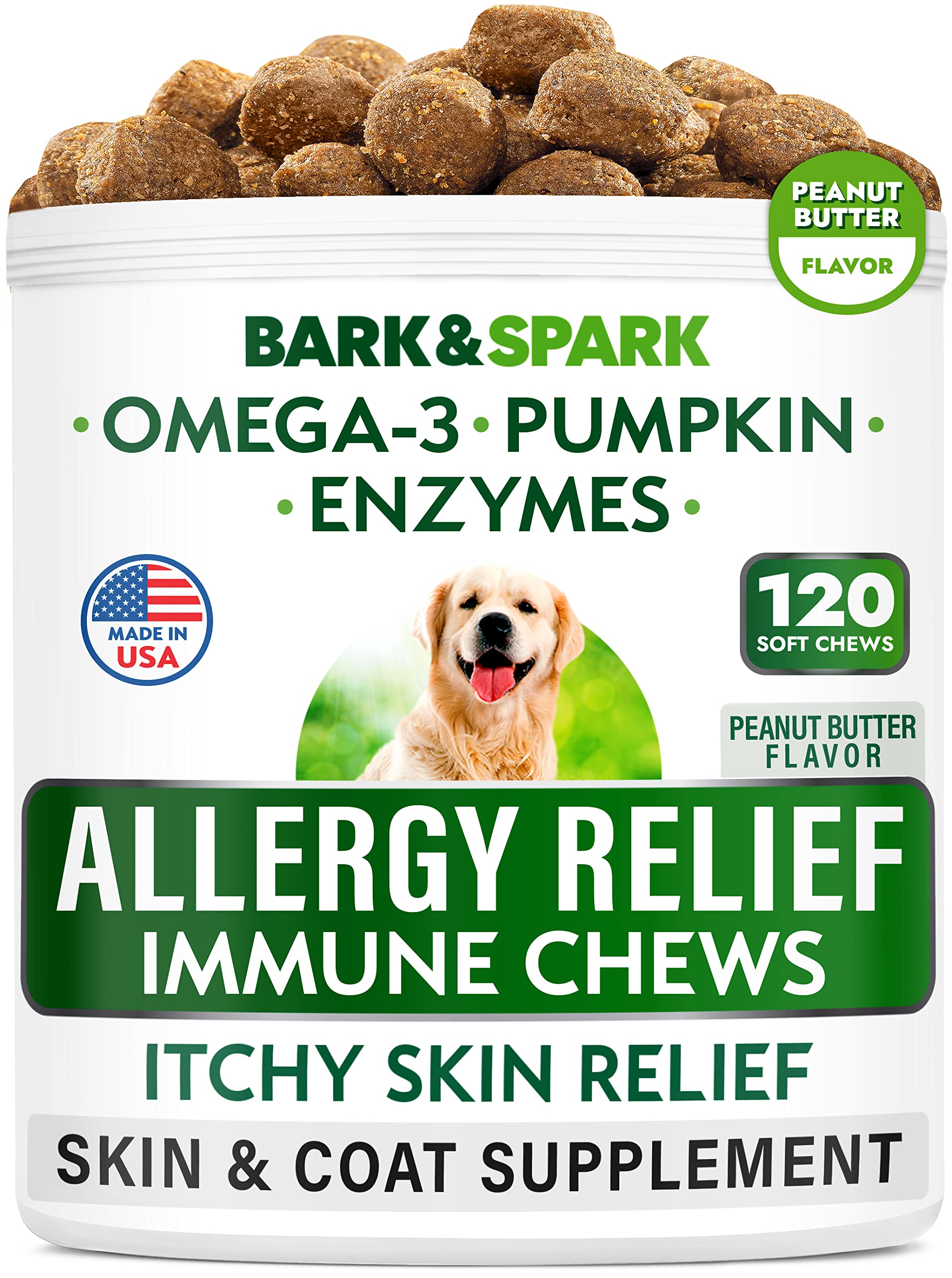 BARK&SPARK Dog Allergy Relief Chews - Anti-Itch Skin & Coat Supplement - Omega 3 Fish Oil - Itchy Skin Relief Treatment Pills - 