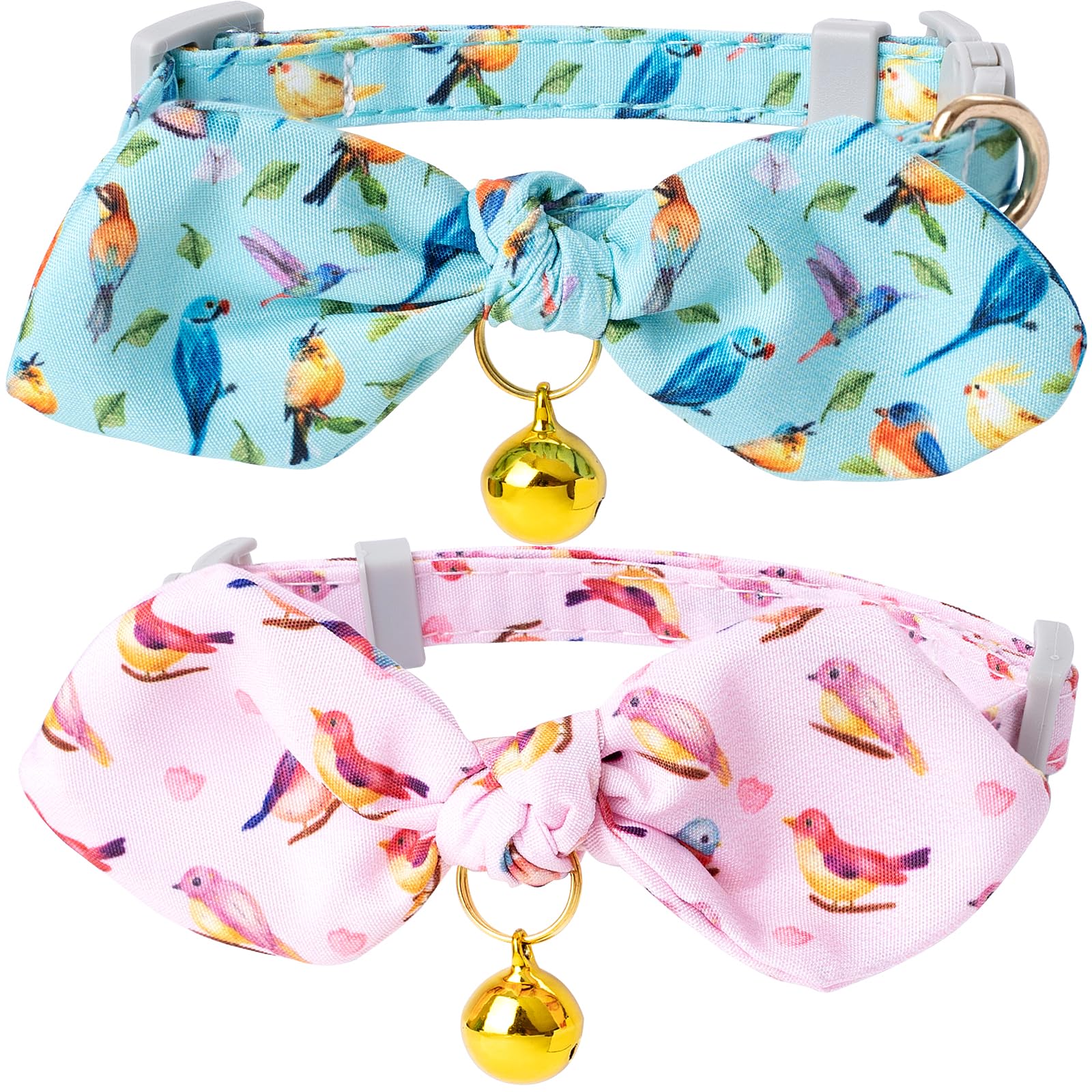 Faygarsle 2 Pack Breakaway Cute Cat Collars With Bell, Cat Collar With Bow For Girl Boy Cats Pink Blue Bird Patterns