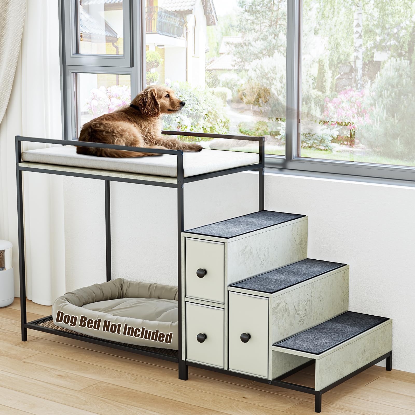 LEMBERI Pet Bunk Bed with Stairs and Storage, Dogs/Cats Window Perch, Bedside Lounge Elevated Dog Bed Multi-Level Platform with 