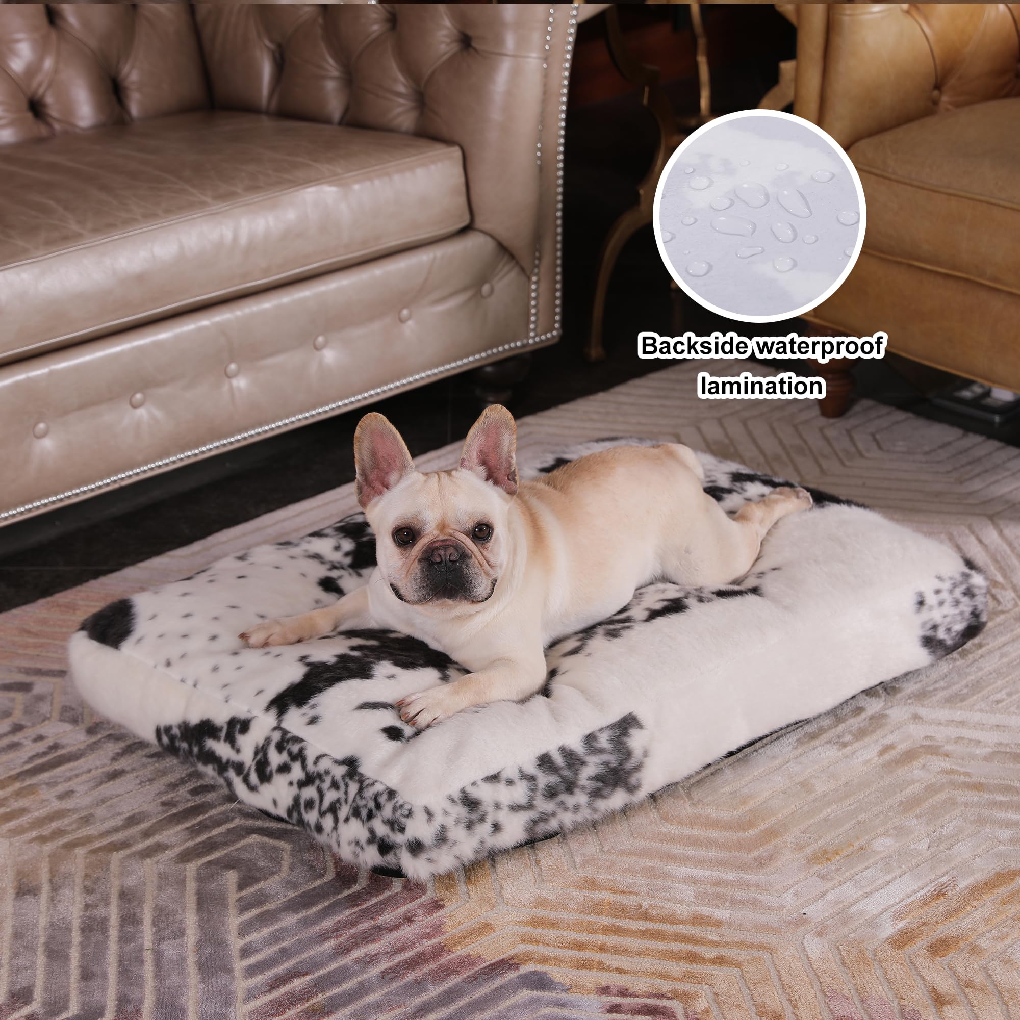 Bedfolks Plush Waterproof Dog Crate Bed - Removable Washable Cover, Faux Fur, 29''X21'', Black-White Cowhide