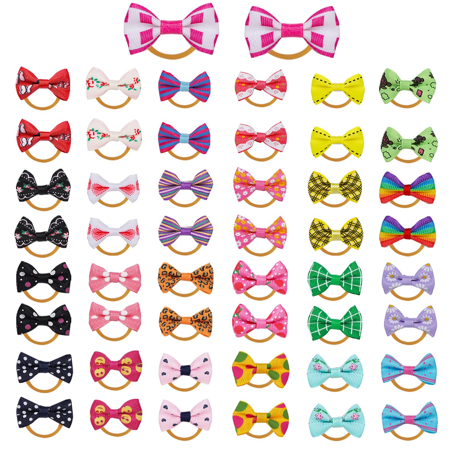 Chenkou Craft 50Pcs/25Pairs Puppy Yorkie Dog Hair Bows With Rubber Band Pet Grooming Products Mix Colors Varies Patterns Pet Hair Bows Dog Accessories
