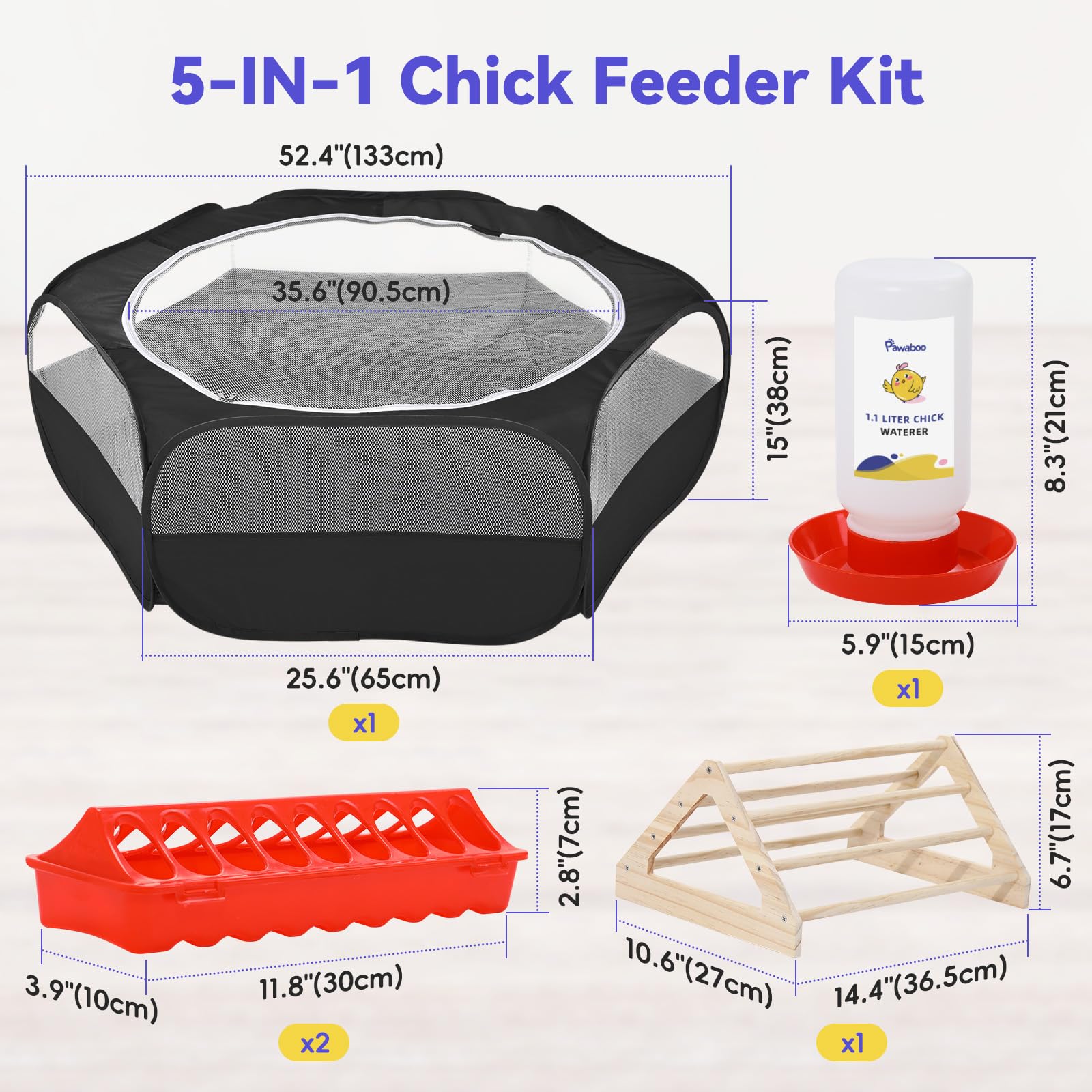 Pawaboo 5-in-1 Chicken Brooder Box for Chick Starter Kit, Includes Pet Cage Tent, Chicks Perch, Chicks Feeder, 1.1L Chick Watere
