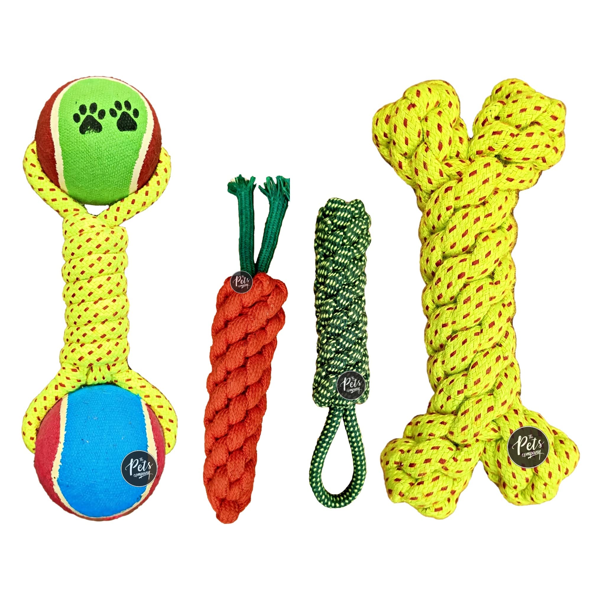 The Pets Company Dog Chew Toys For Puppy Teething & Training (Dummy + Rope Bone + Carrot + Tennis Ball Dumbell), Dog Rope Toy Co