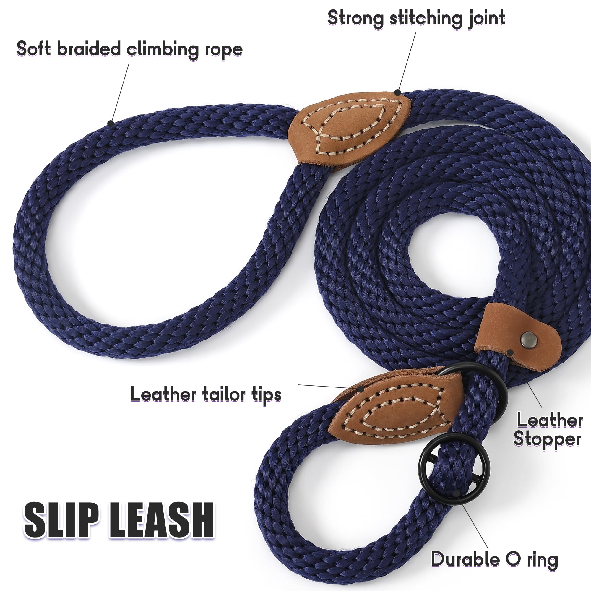 Mile High Life Slip Leads For Dogs | Heavy Duty Dog Training Leash | 6 Feet No Pull Slip Leashes W Leather Tip | Navy Rope Lead For Dogs Outside