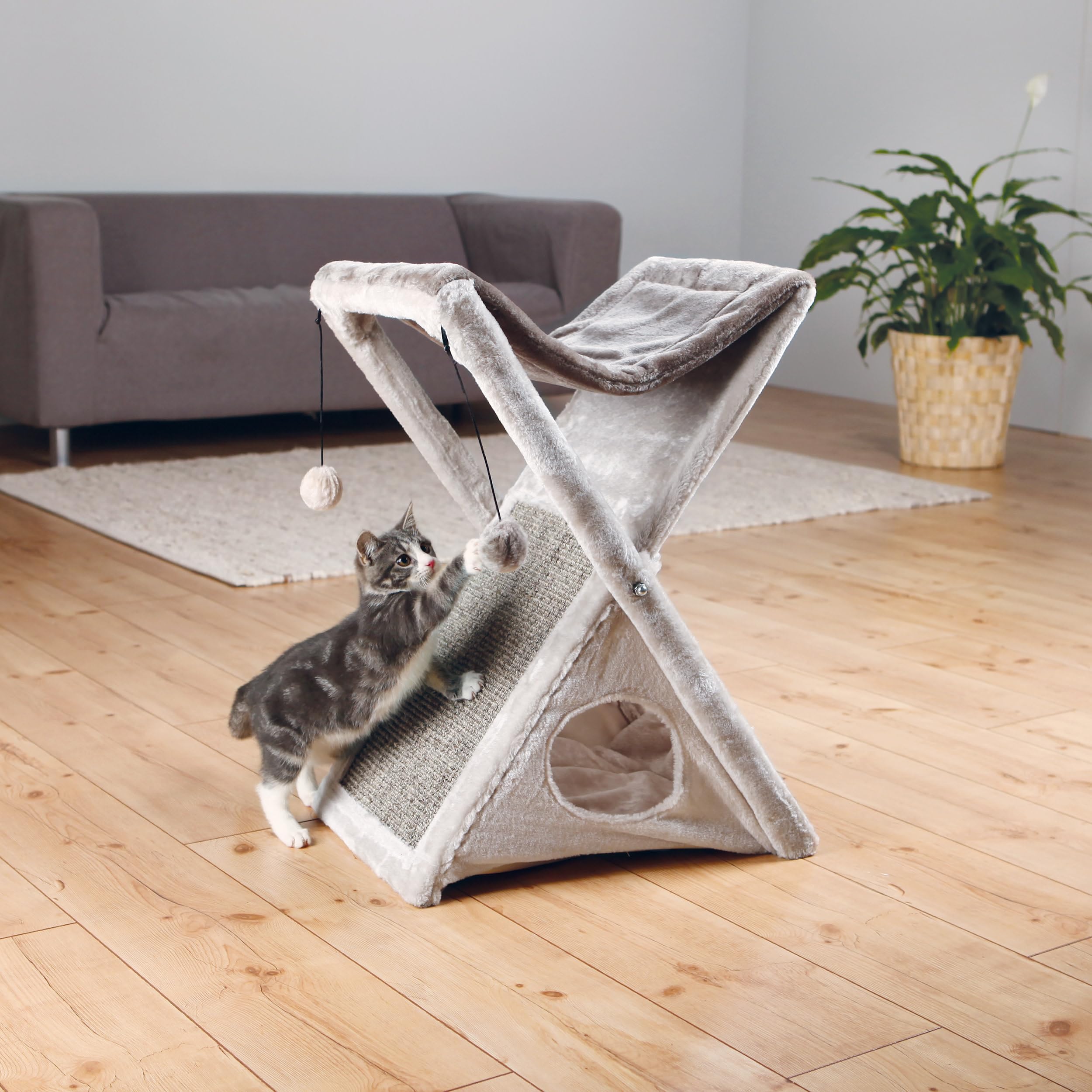Trixie Miguel Fold And Store Cat Hammock, Dangling Cat Toy, Scratching Pad, Cat Cave, Taupe/Light Gray 20.25 X 13.75 X 25.5 Inch