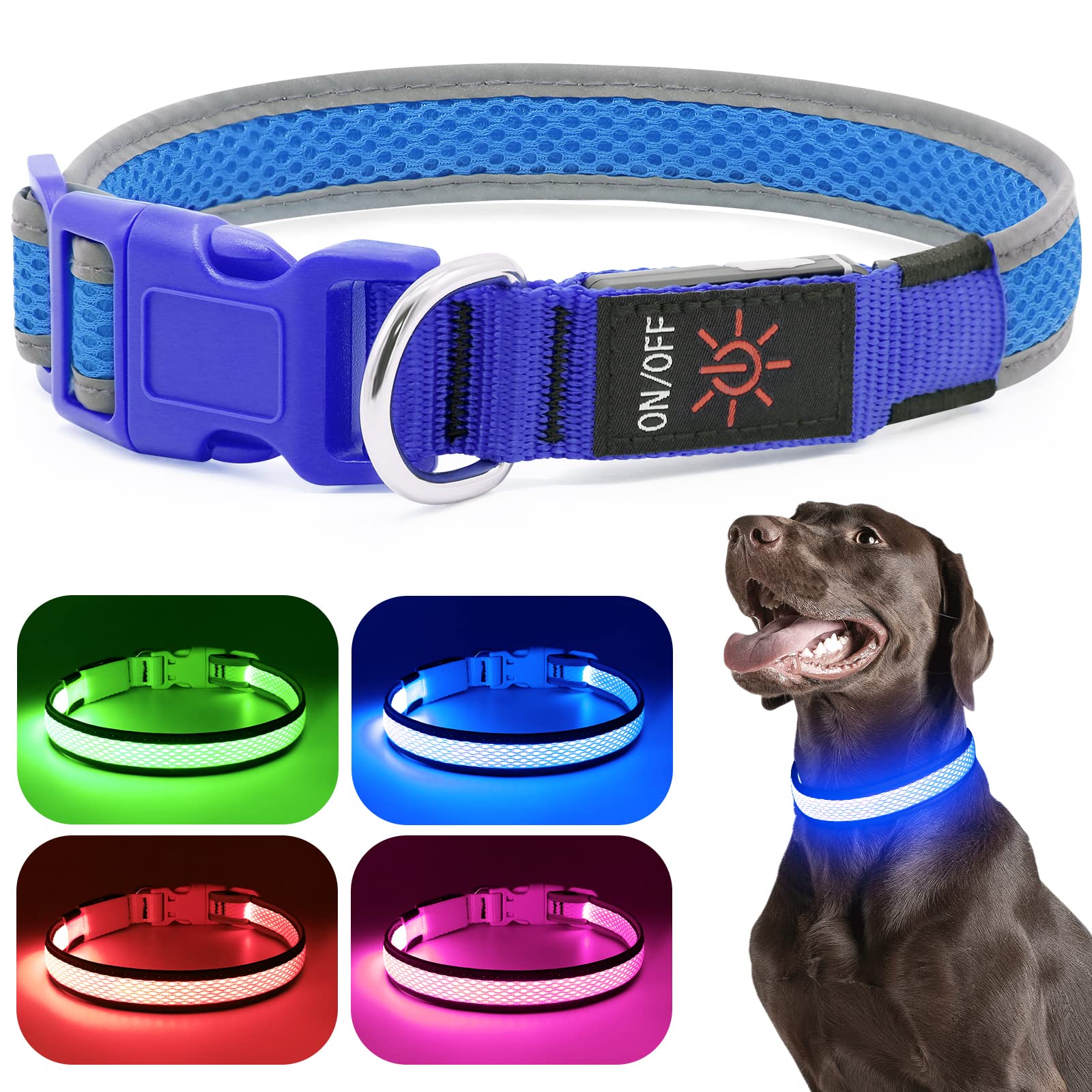 Flashseen Led Dog Collar,Usb Rechargeable Light Up Dog Collar Lights,Adjustable Comfortable Soft Mesh Safety Dog Collar For Small,Medium,Large Dogs(Small, Royal Blue)