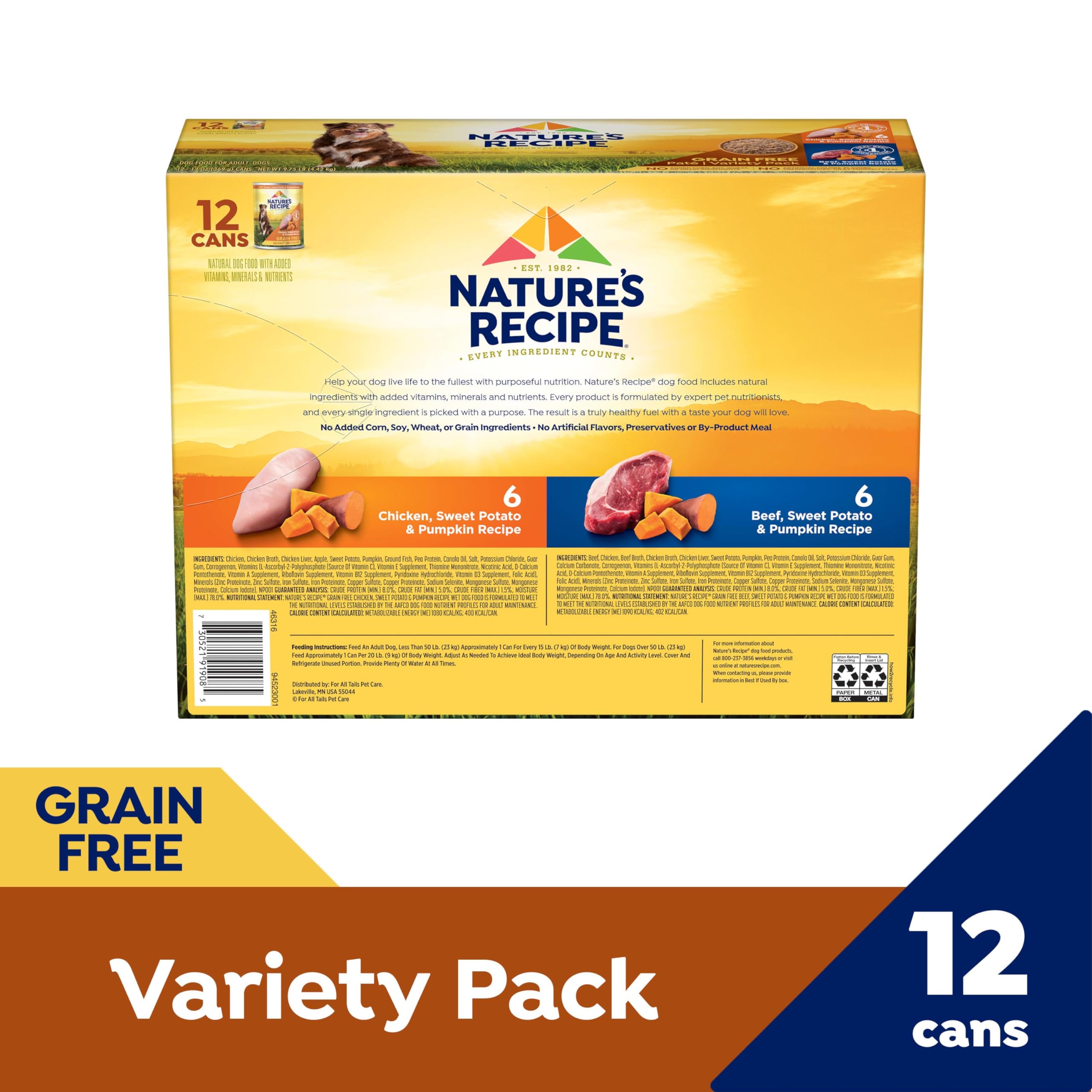 Nature's Recipe Grain Free Wet Dog Food Paté Variety Pack, Chicken & Beef with Sweet Potato & Pumpkin, 13oz Cans (Pack of 12)
