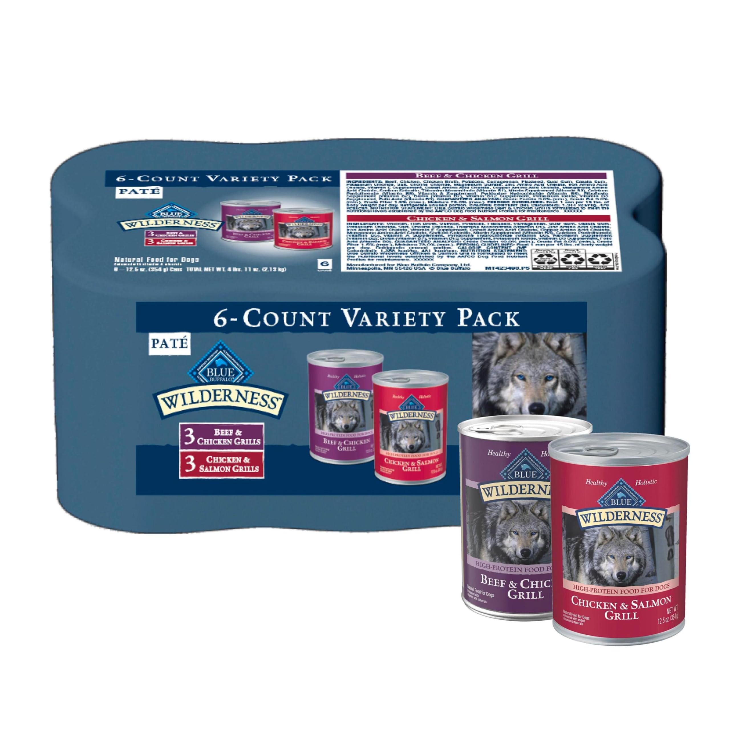 Blue Buffalo Wilderness High Protein Beef and Chicken & Salmon and Chicken Wet Dog Food Variety Pack for Adult Dogs, Grain-Free,