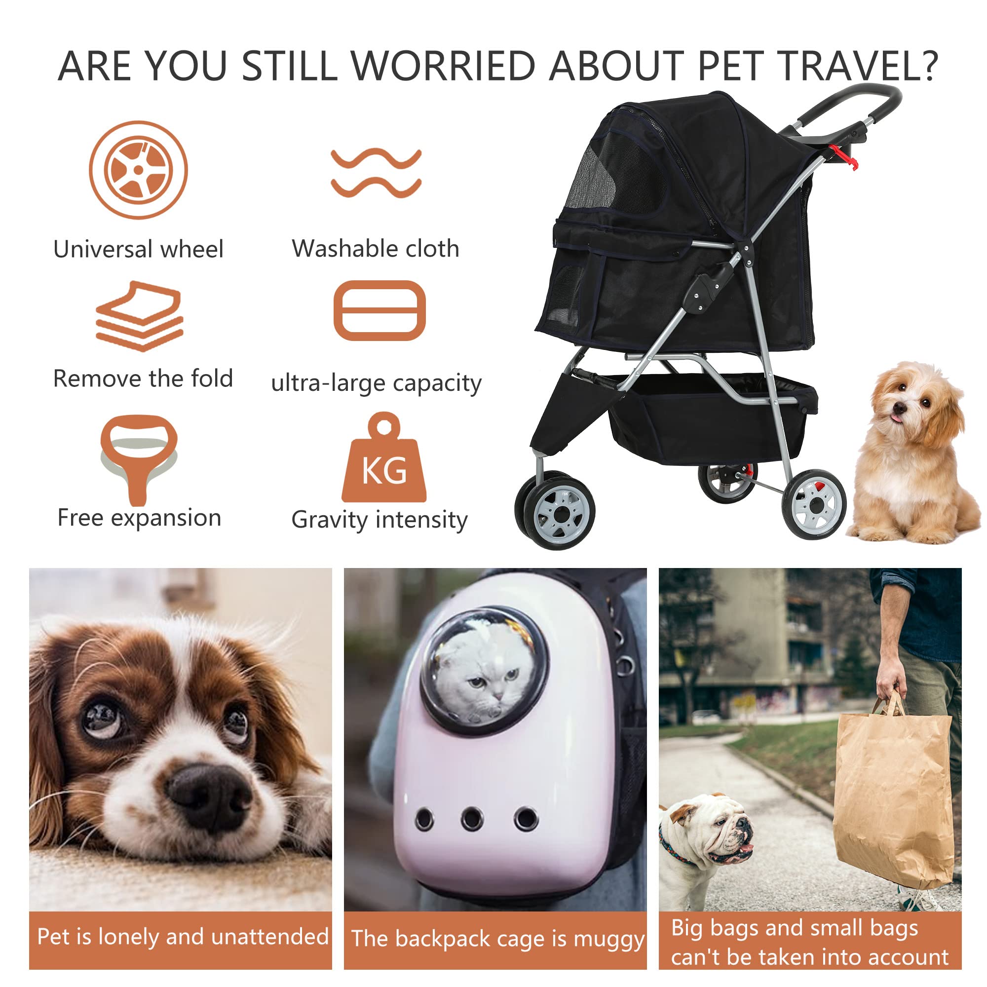 Dog Stroller,3 Wheels Travel Folding Pet Stroller for Small Medium Dog Cat Jogger Stroller with Storage Basket Removable Liner B