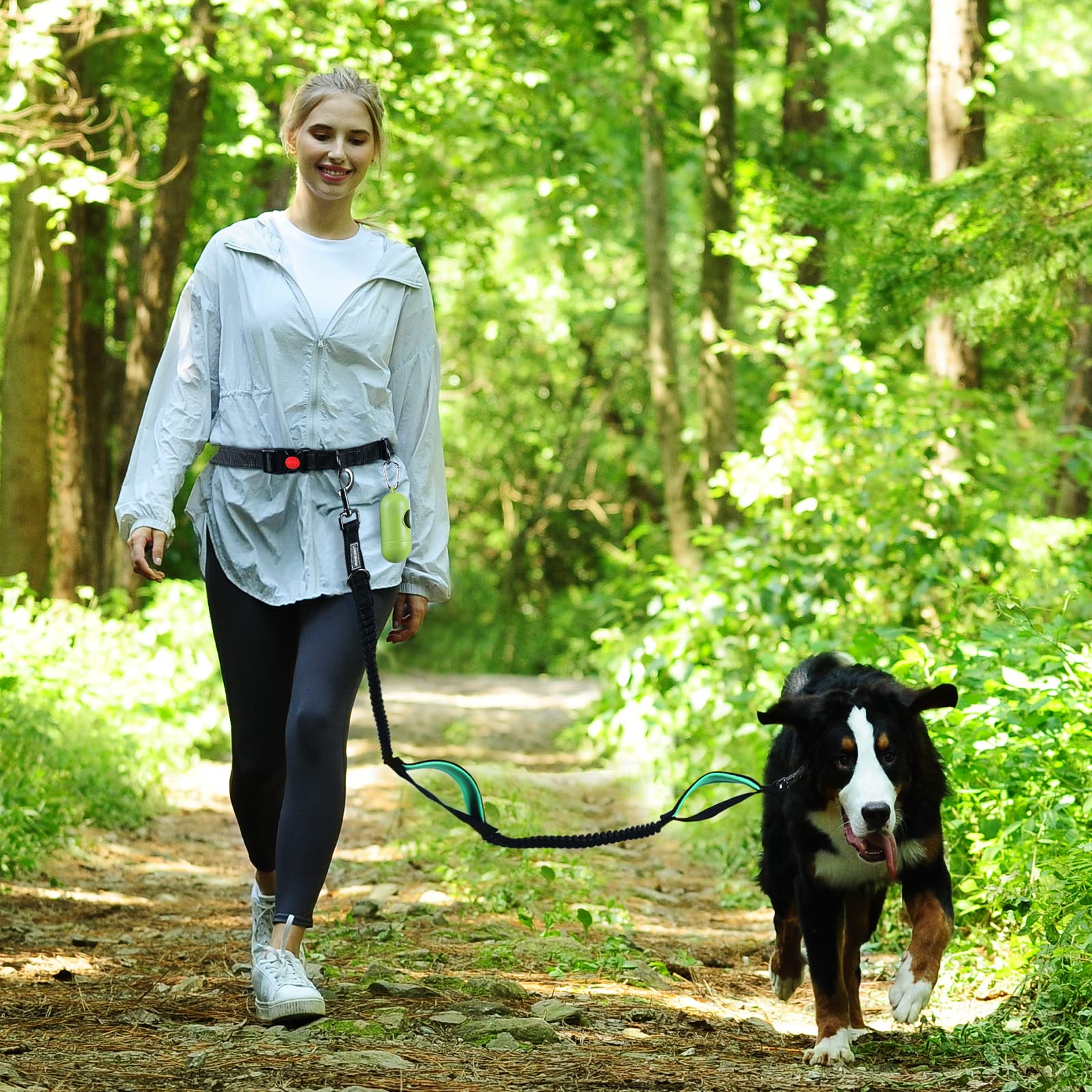 Vivaglory Hands Free Dog Leash With Dual Advanced Anti-Shock Bungees And Padded Handles, Reflective Waist Running Leash With Adjustable Belt For Medium Large Dogs, Black/Turquoise