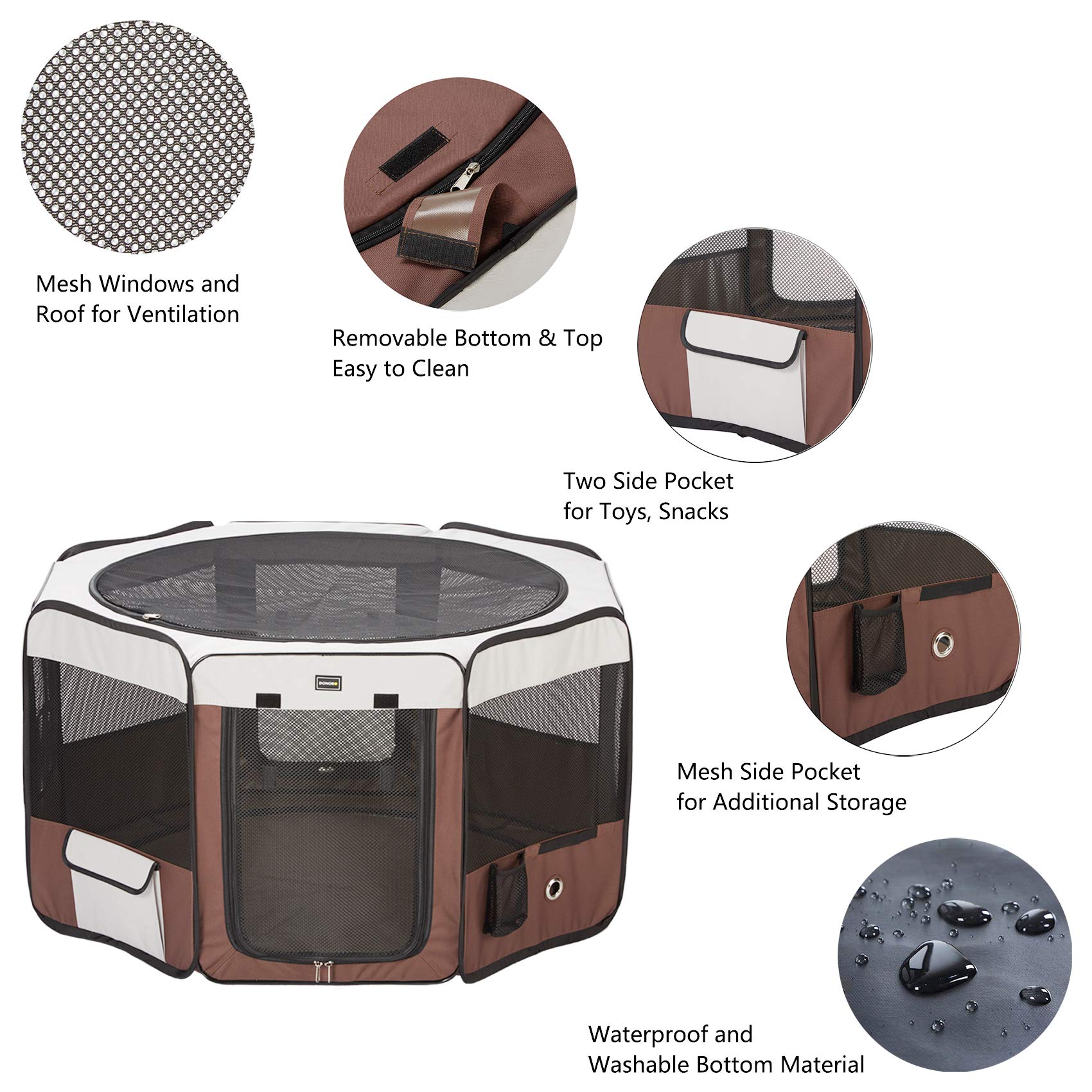 Donoro Dog Playpen 29' Portable Pet Play Pens For Small Dog/Cat/Rabbit/Chicks, Foldable Exercise Kennel Tent Crate Indoor/Outdoor Travel Camping, Removable Top/Bottom (Brown, Small (29'X29'X15'), 8)