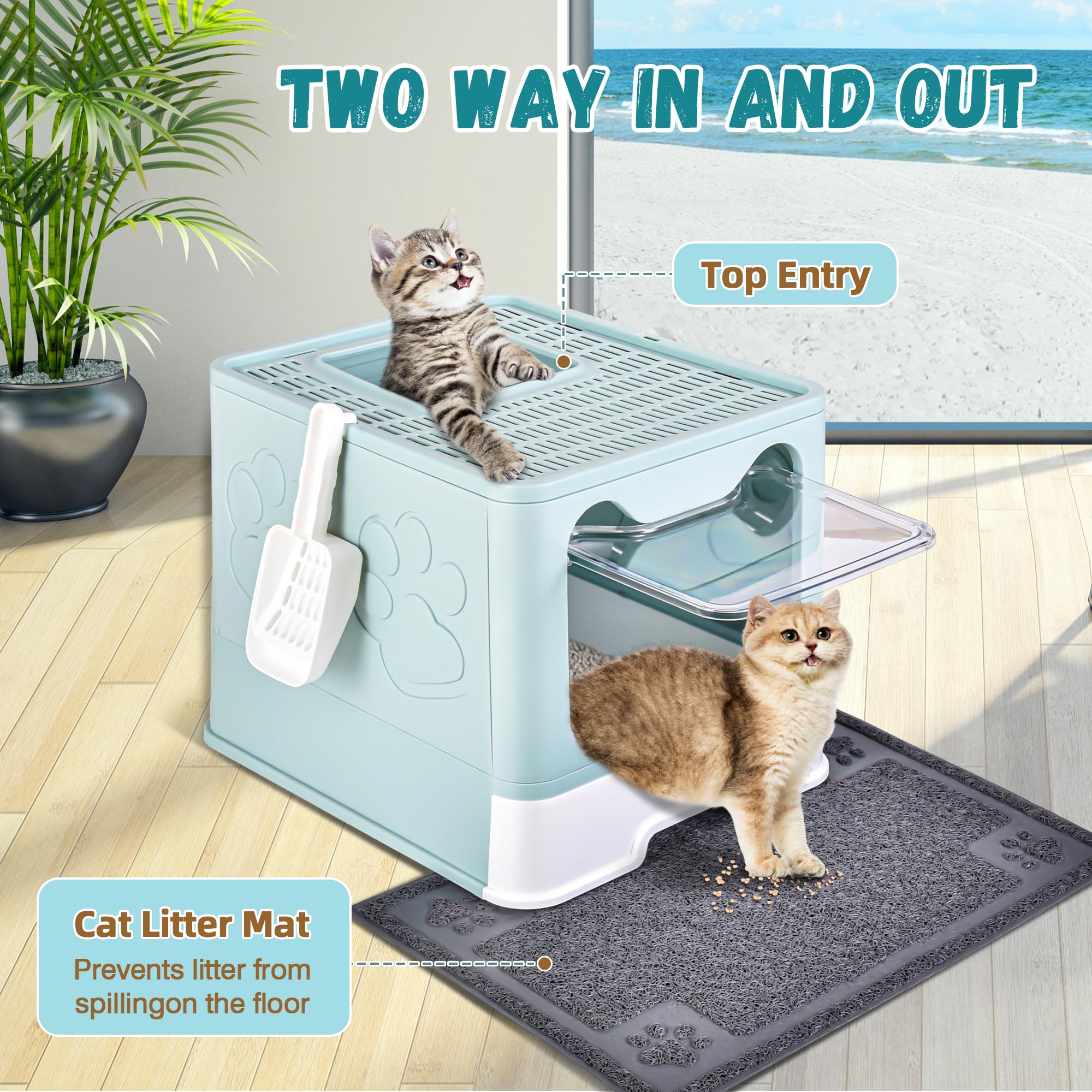 HOMAGICO Extra Large Enclosed Cat Litter Box, Foldable with Lid, Odor Control, Blue, Model HO-CLB-X