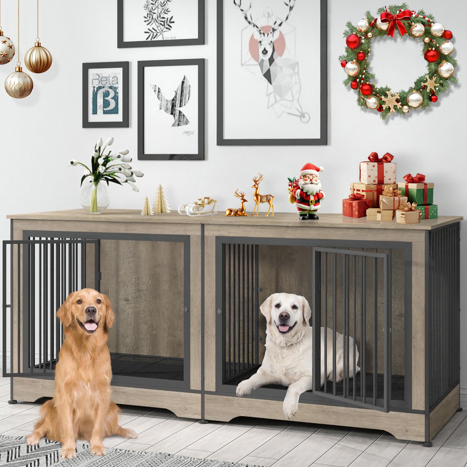 Yafylly 75 Inch Double Dog Crate Furniture, 3 in 1 Dog Cage Furniture for Large/Medium Dogs, Dog Kennel Indoor for 2 Dogs, Durab