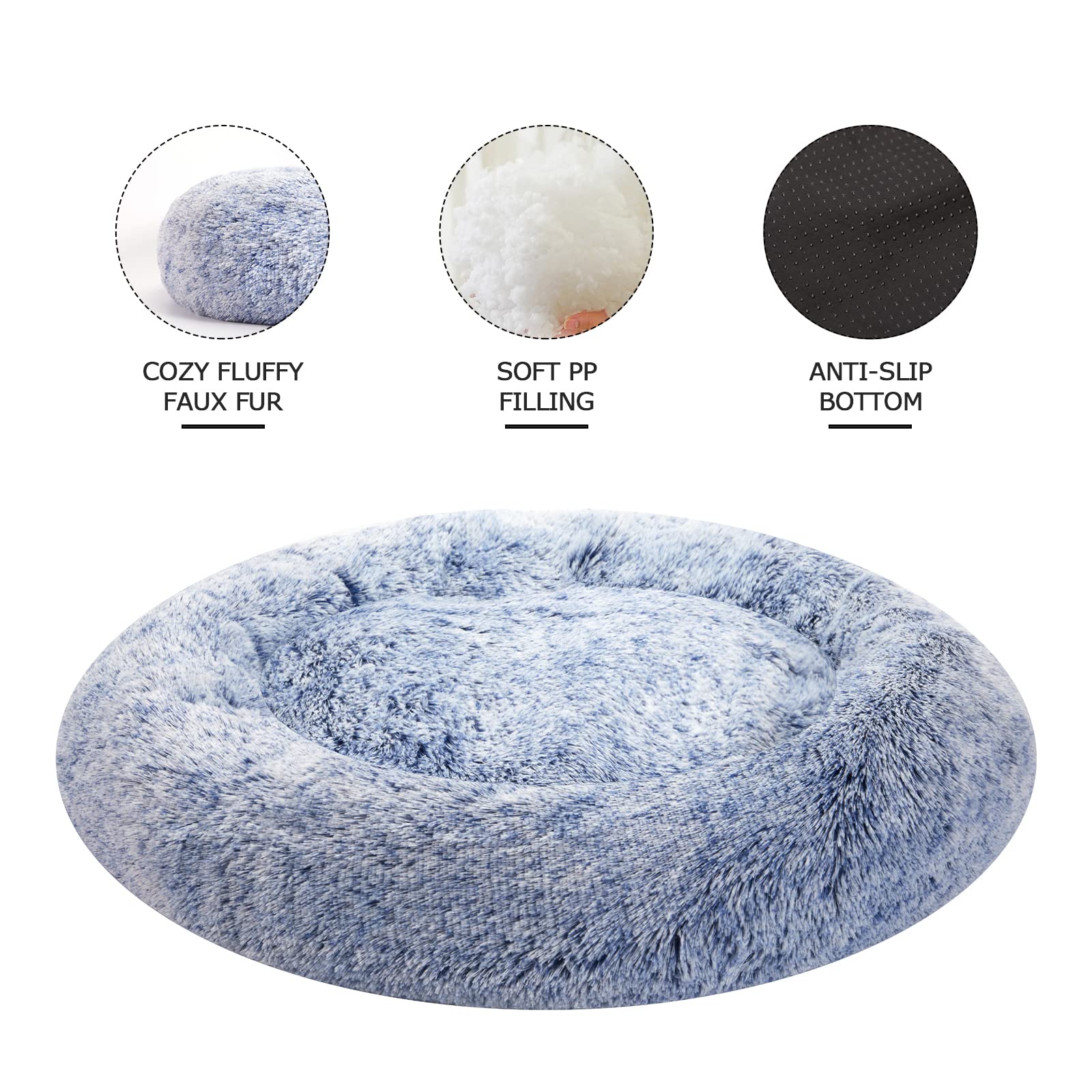 Bedfolks Calming Donut Dog Bed - 36" Plush, Anti-Anxiety, Faux Fur, Navy Blue for Large Dogs