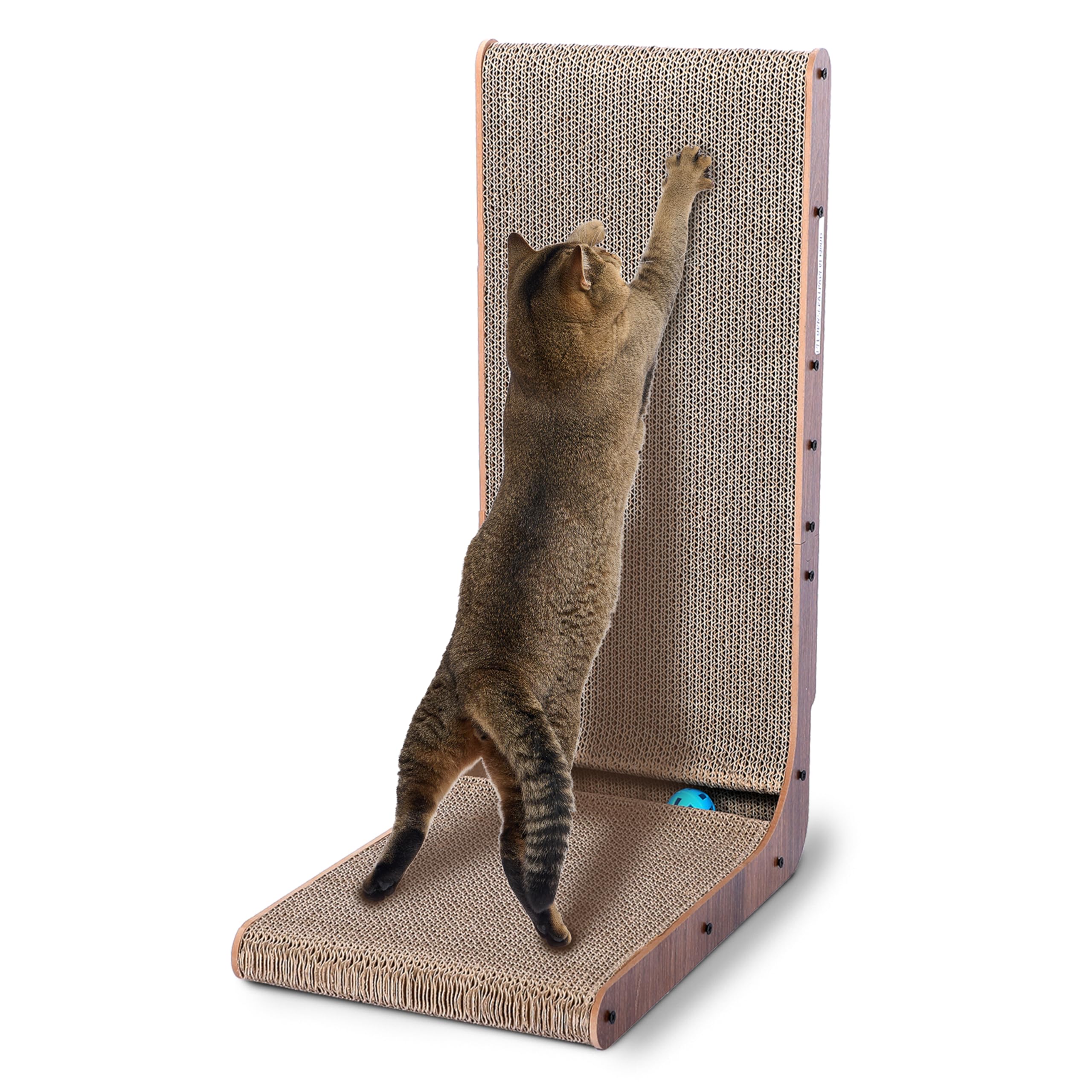 Fluffydream Cat Scratcher with Cat Toys Ball Track, Build-in Ball, L-Shaped Scratcher, Cardboard Lounge Bed, Stable and Durable,