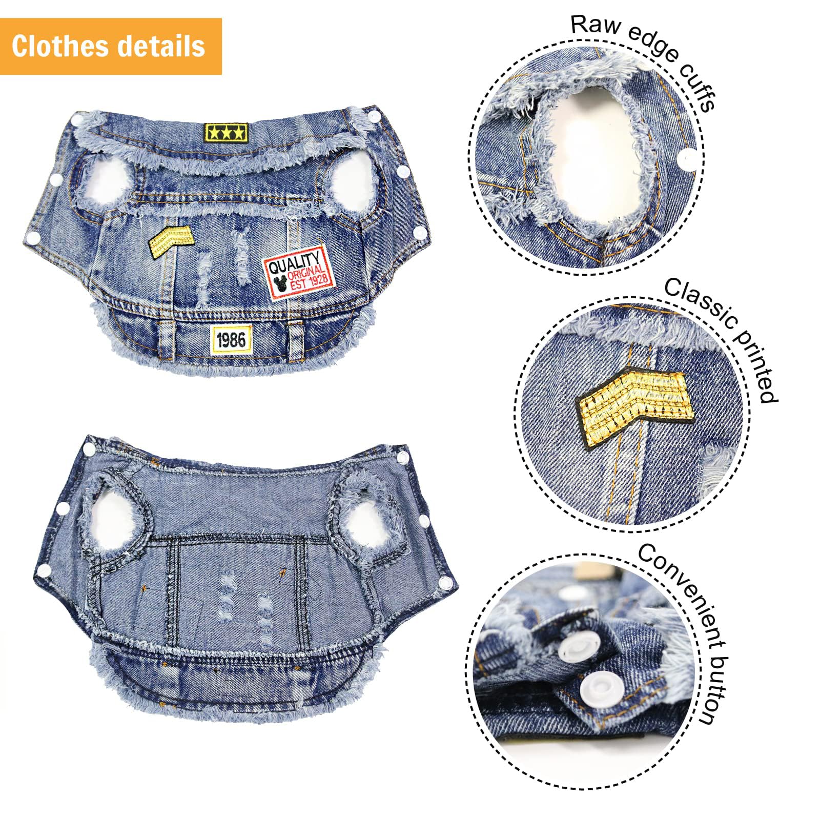 SILD Pet Clothes Dog Jeans Jacket Cool Blue Denim Coat Small Medium Puppy Blue Vintage Washed Clothes Dogs Lapel Vests Classic H
