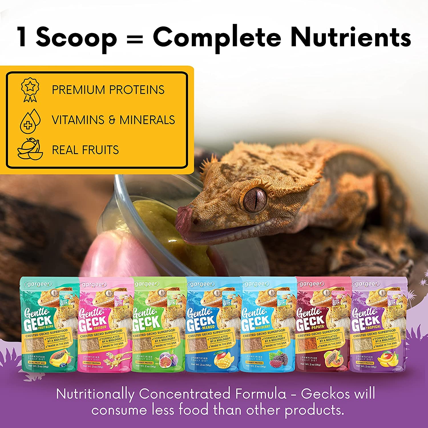 Gargeer 8oz Complete Crested Gecko Food Diet. Premium Mix, Ready to Use Freshly Made Powder. Unique Formula, Developed & Made in