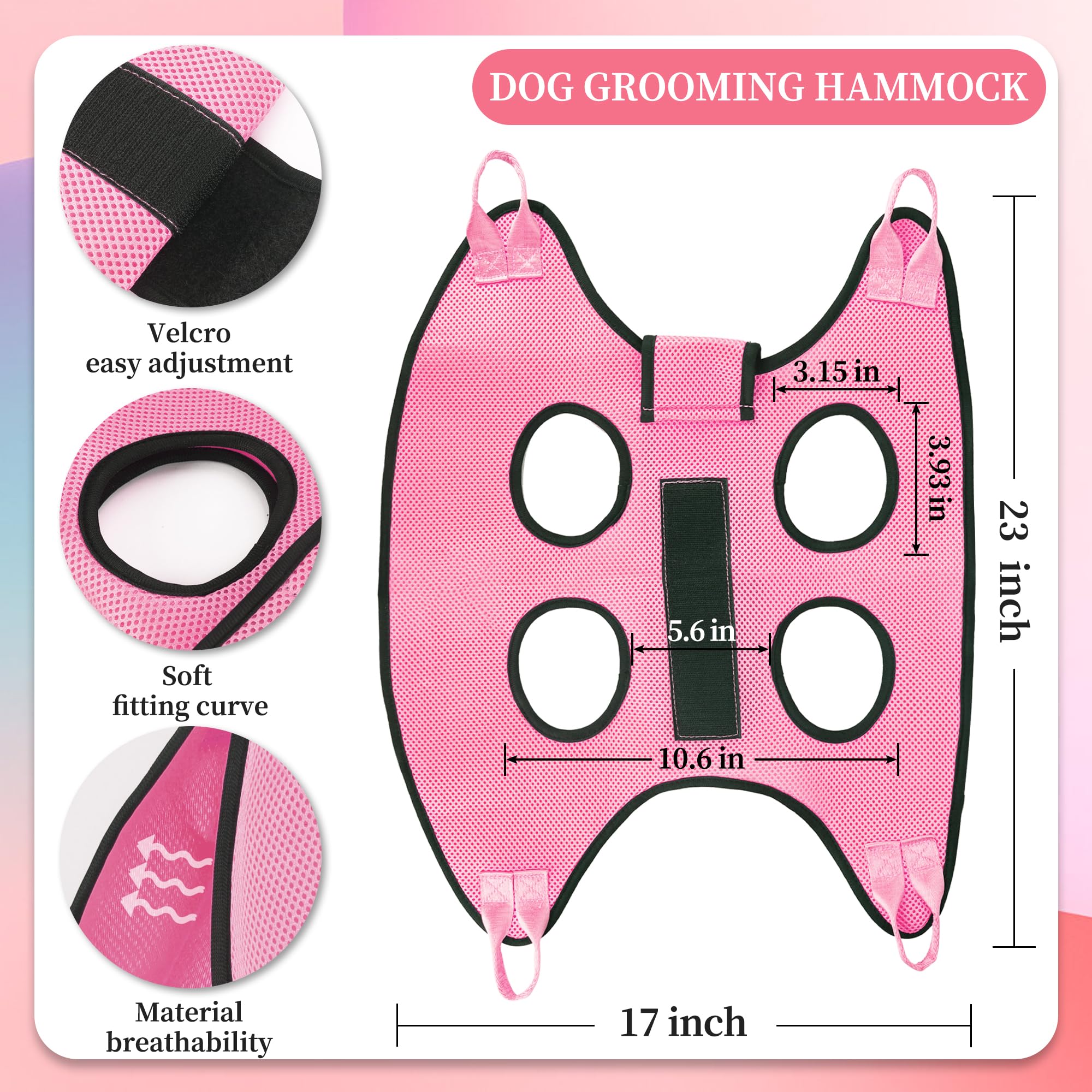 PatiencET Dog Grooming Hammock - Pink Pet Sling for Cats & Dogs, Size S, Includes Security Strap, Nail Clippers, File, and Comb