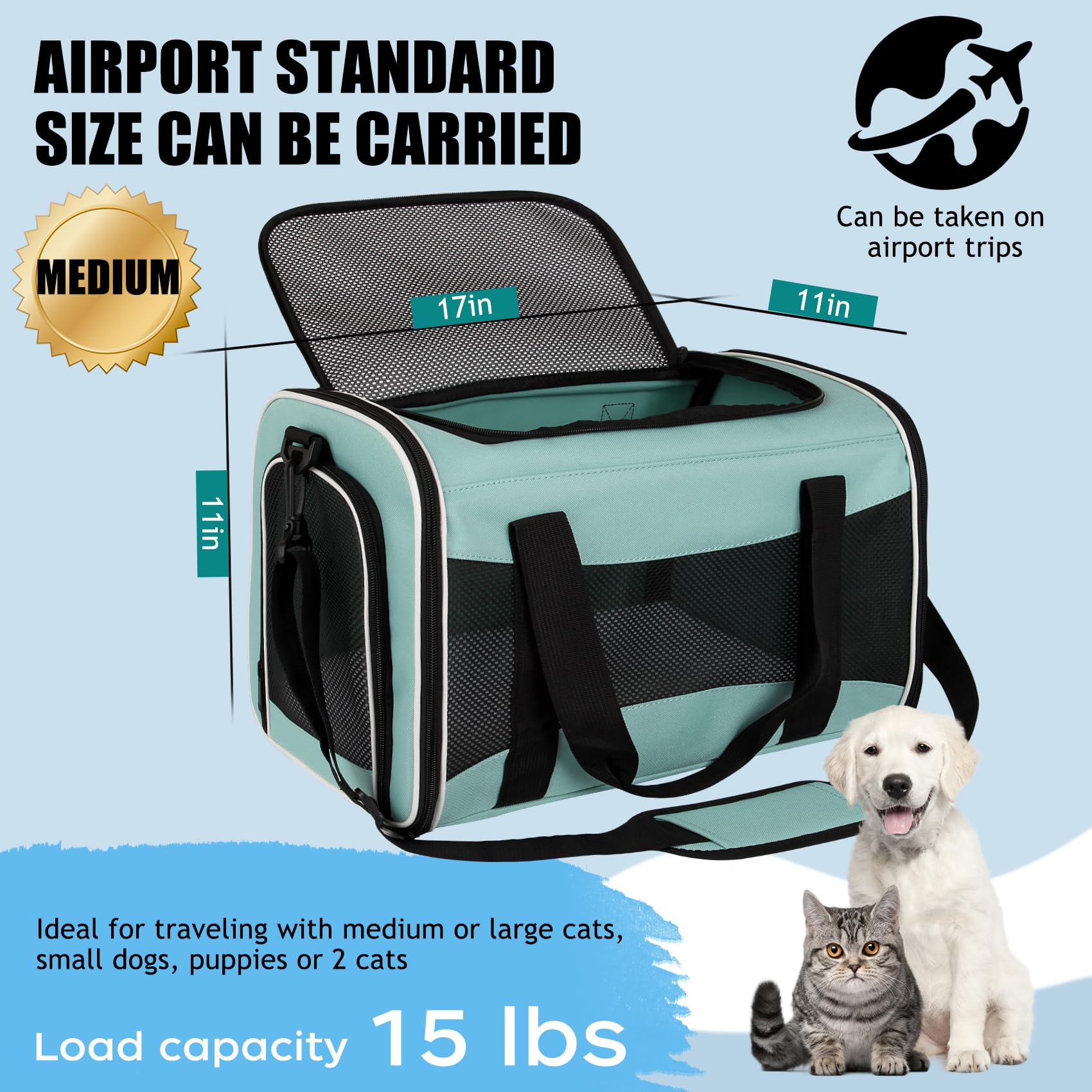 Yipincover Soft-Sided Pet Travel Carrier for Small Cats/Dogs, 17"x11"x11", Green, Model yipin-8, Up to 15lbs