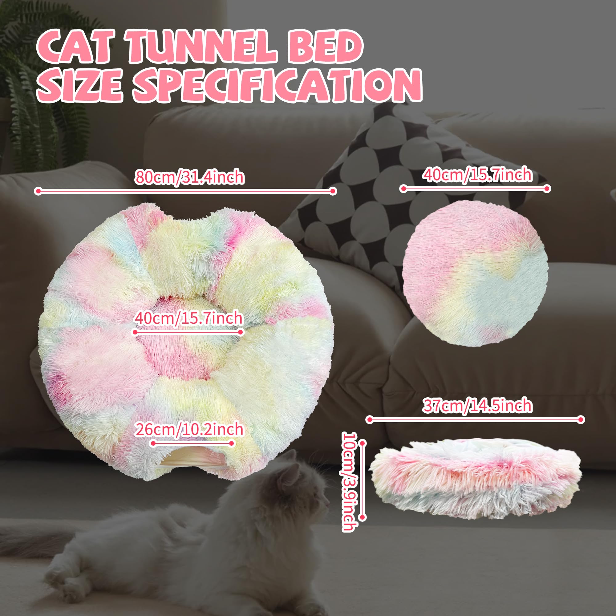 Felrelwel Cat Tunnel Bed With Furry Soft Mat,Cat Donut Tunnels For Indoor Kitten Large Cats To Chase And Play, Peekaboo Tube Cat
