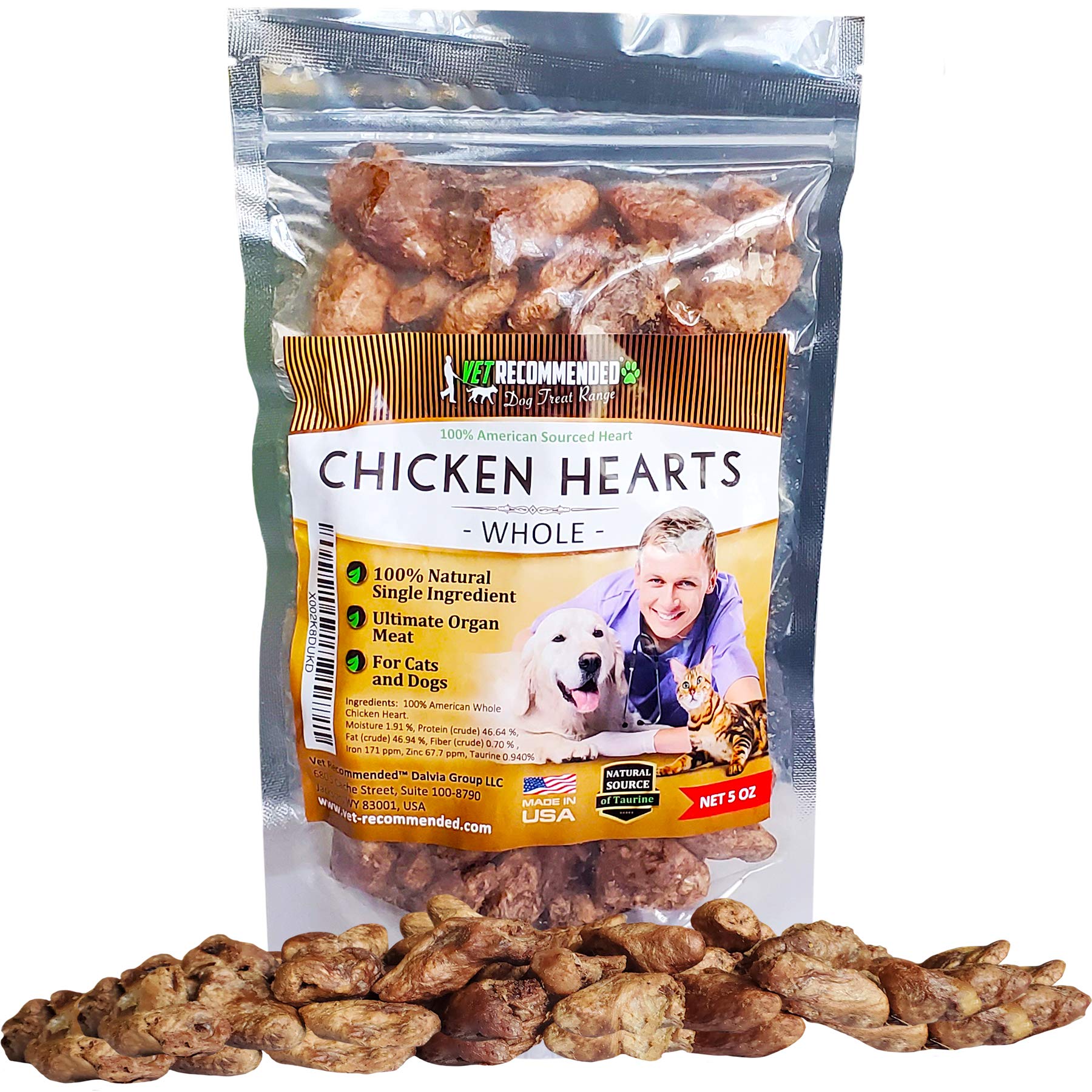 Vet Recommended Premium Whole Chicken Hearts for Dogs and Cats (5oz Bag), Freeze Dried Natural Dog Treats - Perfect Organ Meat f