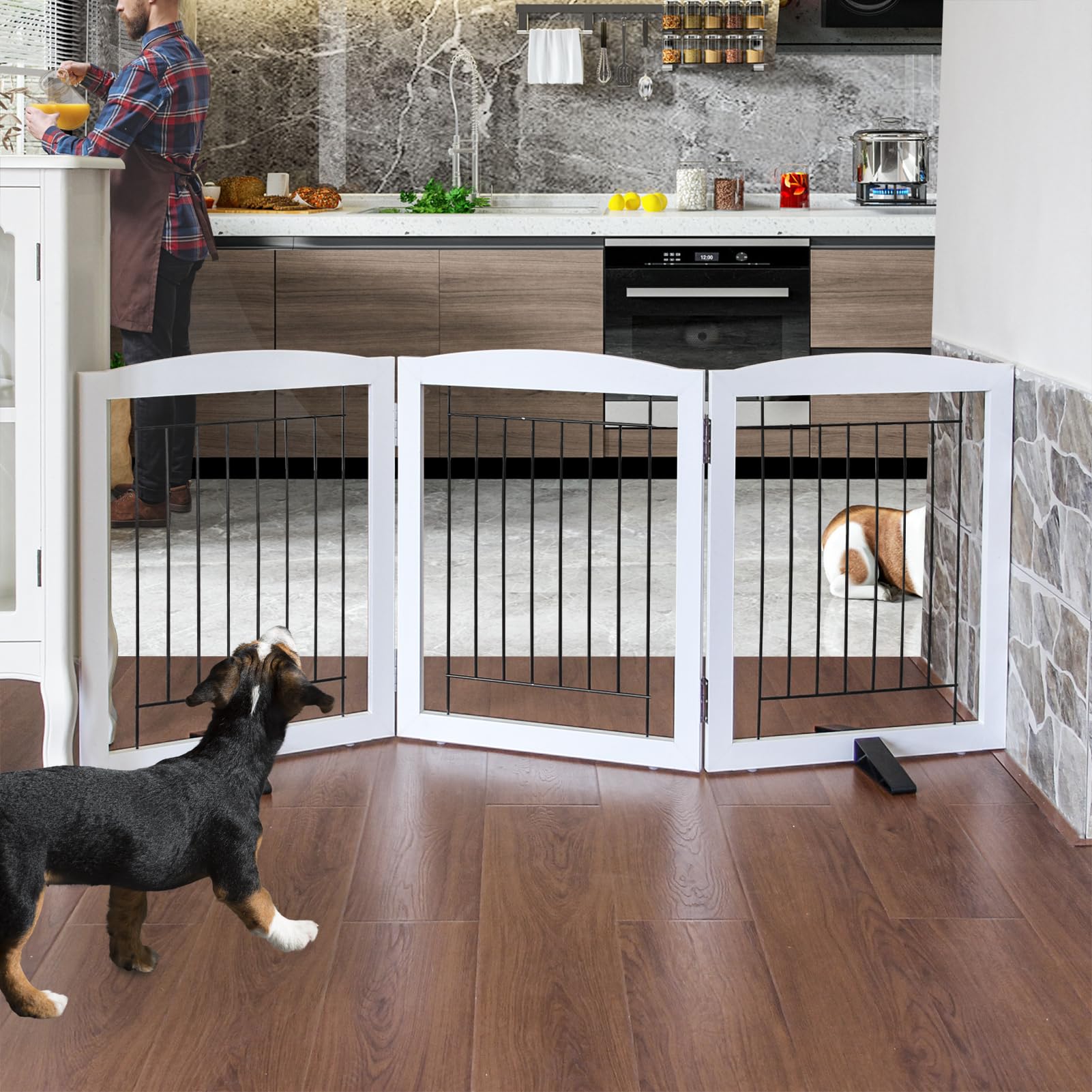 ZJSF Freestanding Dog Fence Indoor, Foldable Dog Gate for Doorways, Stairs or Hallways, Sturdy Wood Extra Wide Pet Gate with Sup