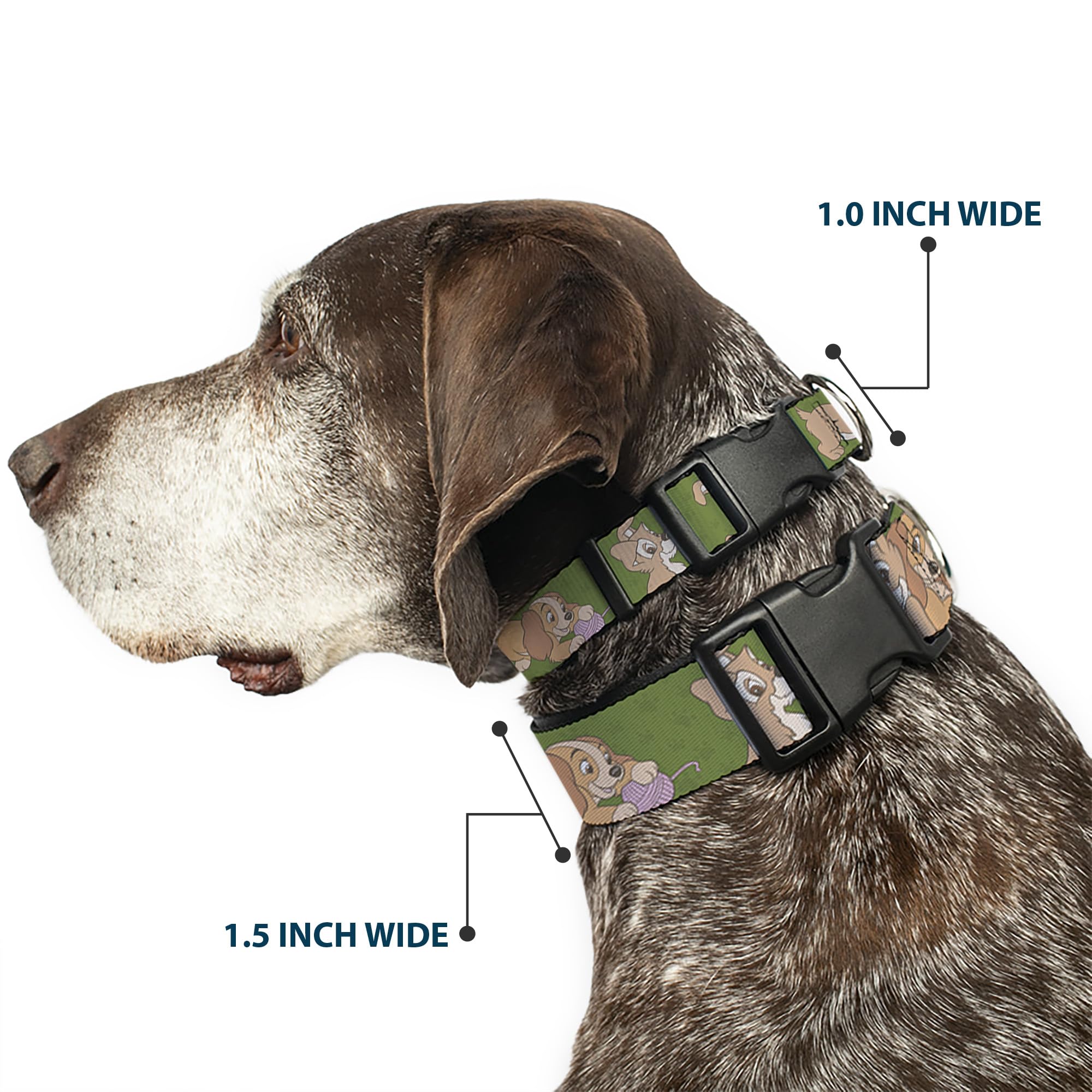 Buckle-Down Dog Collar Plastic Clip Lady And Tramp 6 Poses Olive Green, Multi Color, 1'' Wide - Fits 9-15'' Neck - Small (Dc