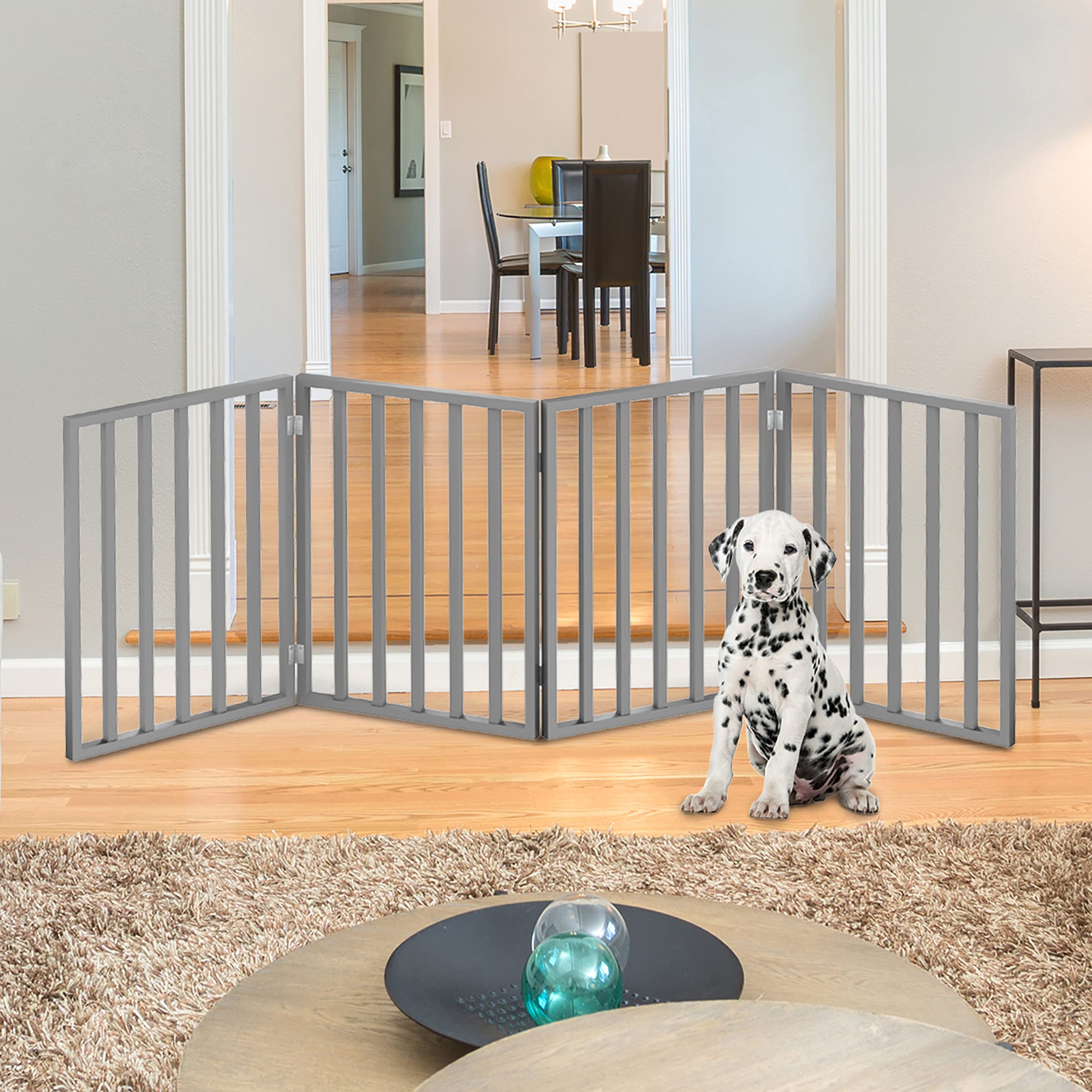 Pet Gate - 4-Panel Indoor Foldable Dog Fence For Stairs, Hallways, Or Doorways - 72X24-Inch Retractable Wood Freestanding Dog Gates By Petmaker (Gray)
