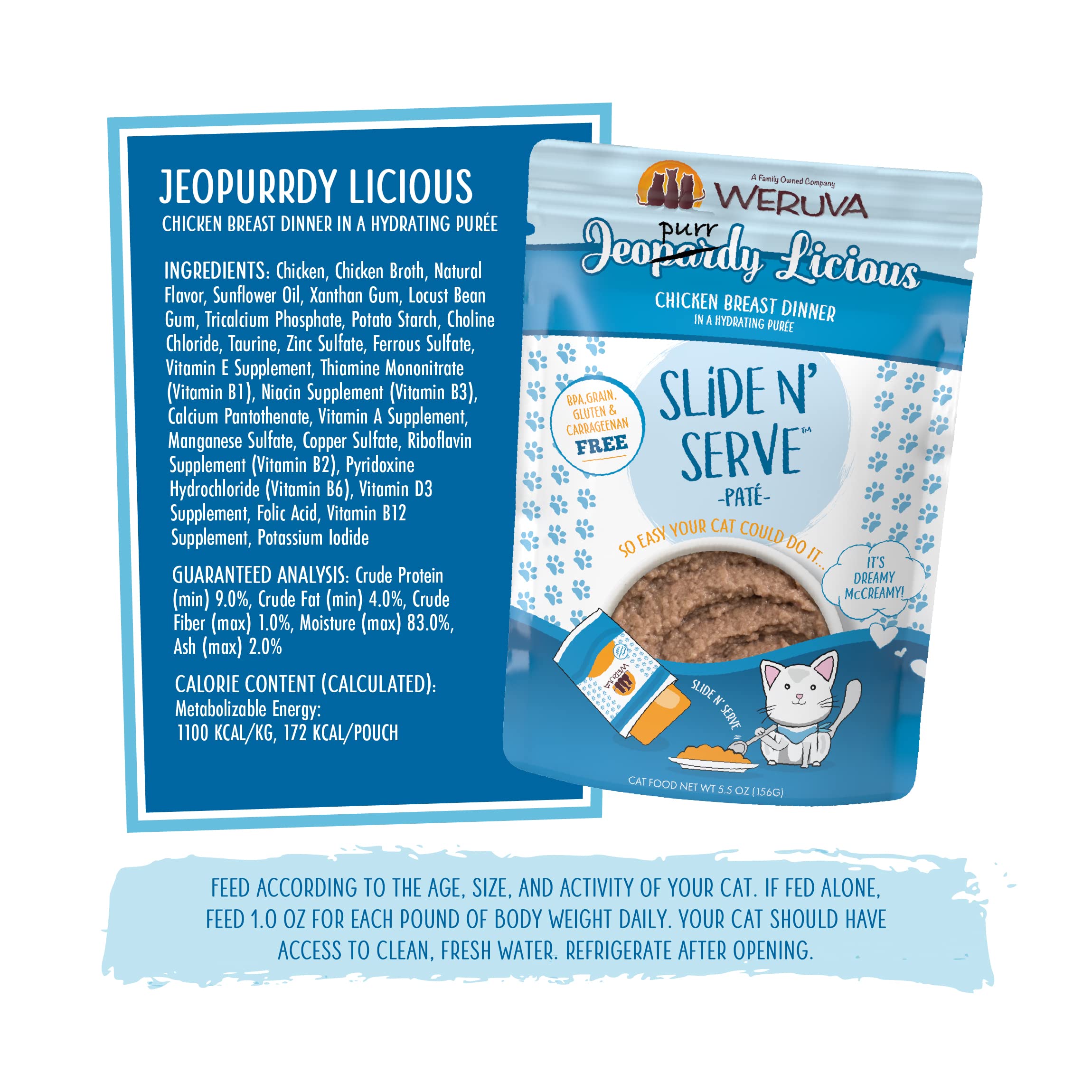 Weruva Wet Cat Food, Jeopurrdy Licious with Chicken Pate, 5.5oz Slide N Serve Pouch, Pack of 12