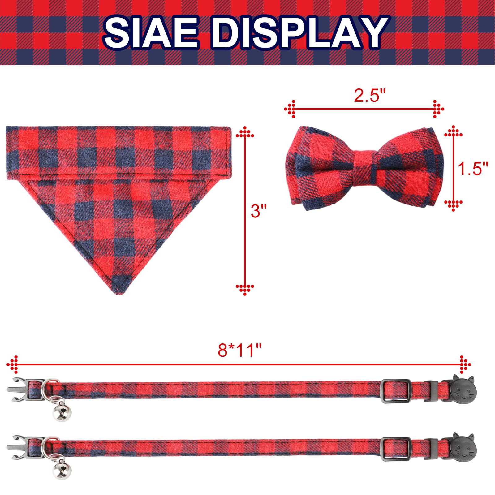 Imikoko 2 Pack of Bow Tie Cat Collar Bandana, Size Adjustable Plaid Cat Collars with Breakaway Bell - for Kitty Cats Puppy Dogs