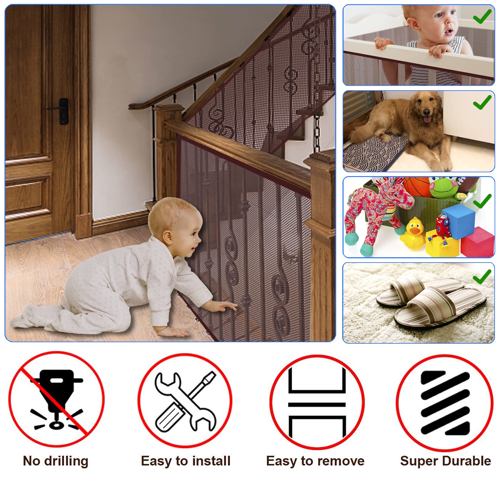 Jiftok Baby Gate For Stairs, Banister Guard For Kids, Pets, Toys, 10Ft L X 2.66 Ft H, Mesh Netting Safety Net For Balcony Rail Stair, Stairway Net Baby Safety Products For Indoor & Outdoor (Brown)