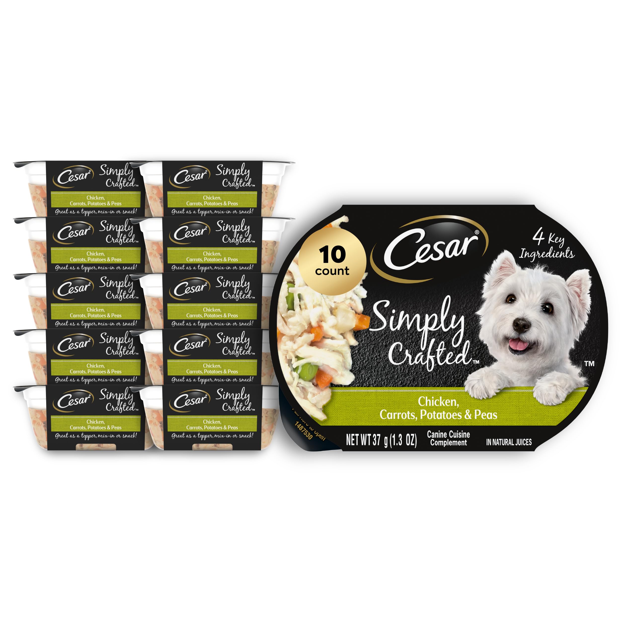 Cesar Simply Crafted Adult Wet Dog Food Meal Topper, Chicken, Carrots, Potatoes & Peas, 1.3oz. (10 Count, Pack of 1)