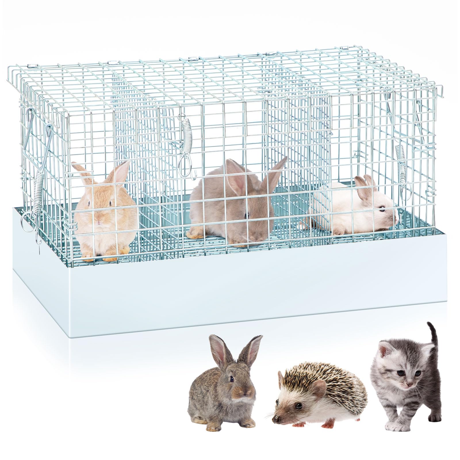 DoubleFill 3 Hole Folding Rabbit Transport Cage, Portable Bunny Carrier with Tray and Handles for Travel Temporary Housing, Indo