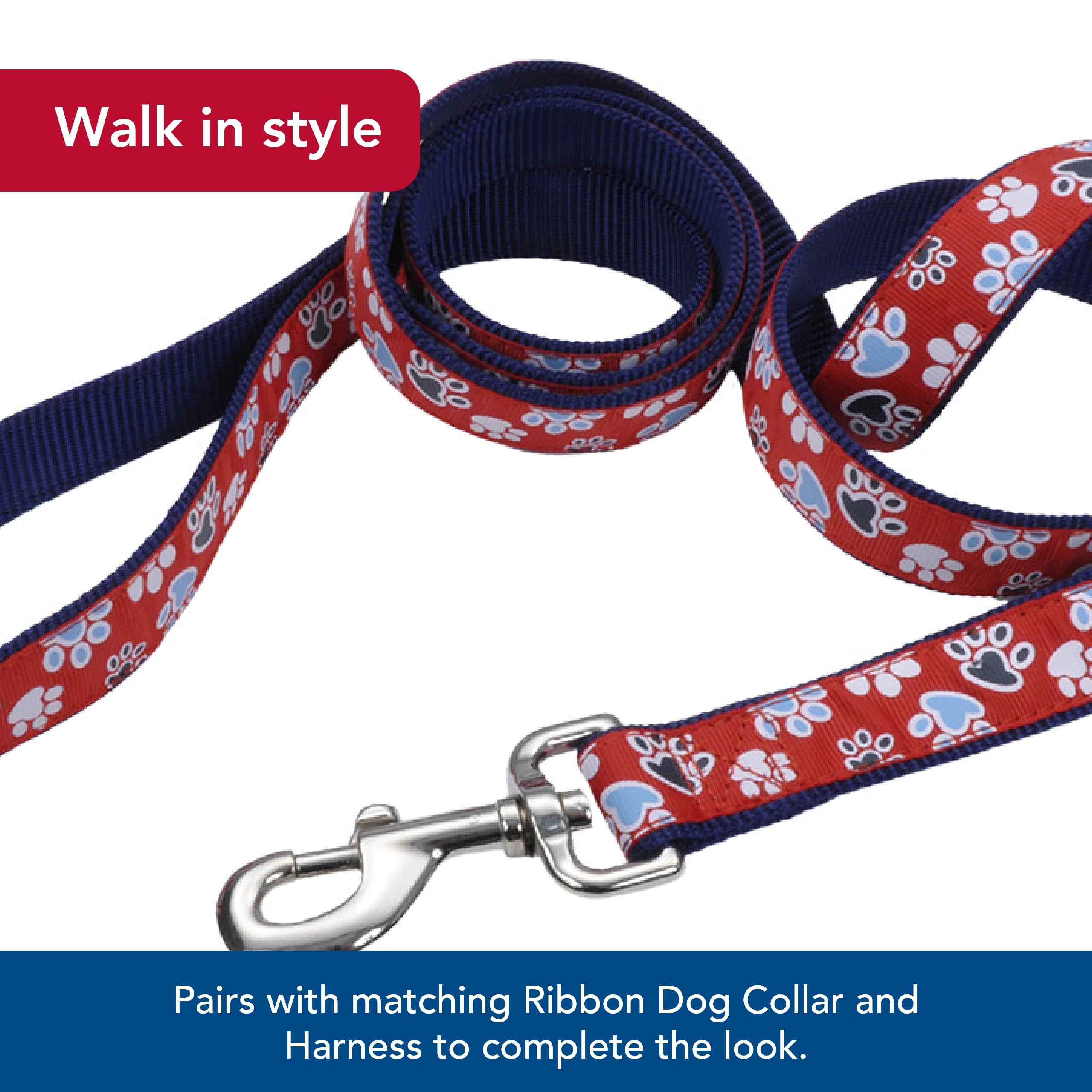 Coastal Pet Ribbon Dog Leash - Contemporary Stylish Look - Durable Fade-Resistant Nylon Material - Perfect For Dogs Red With Paws, 5/8' X 06'