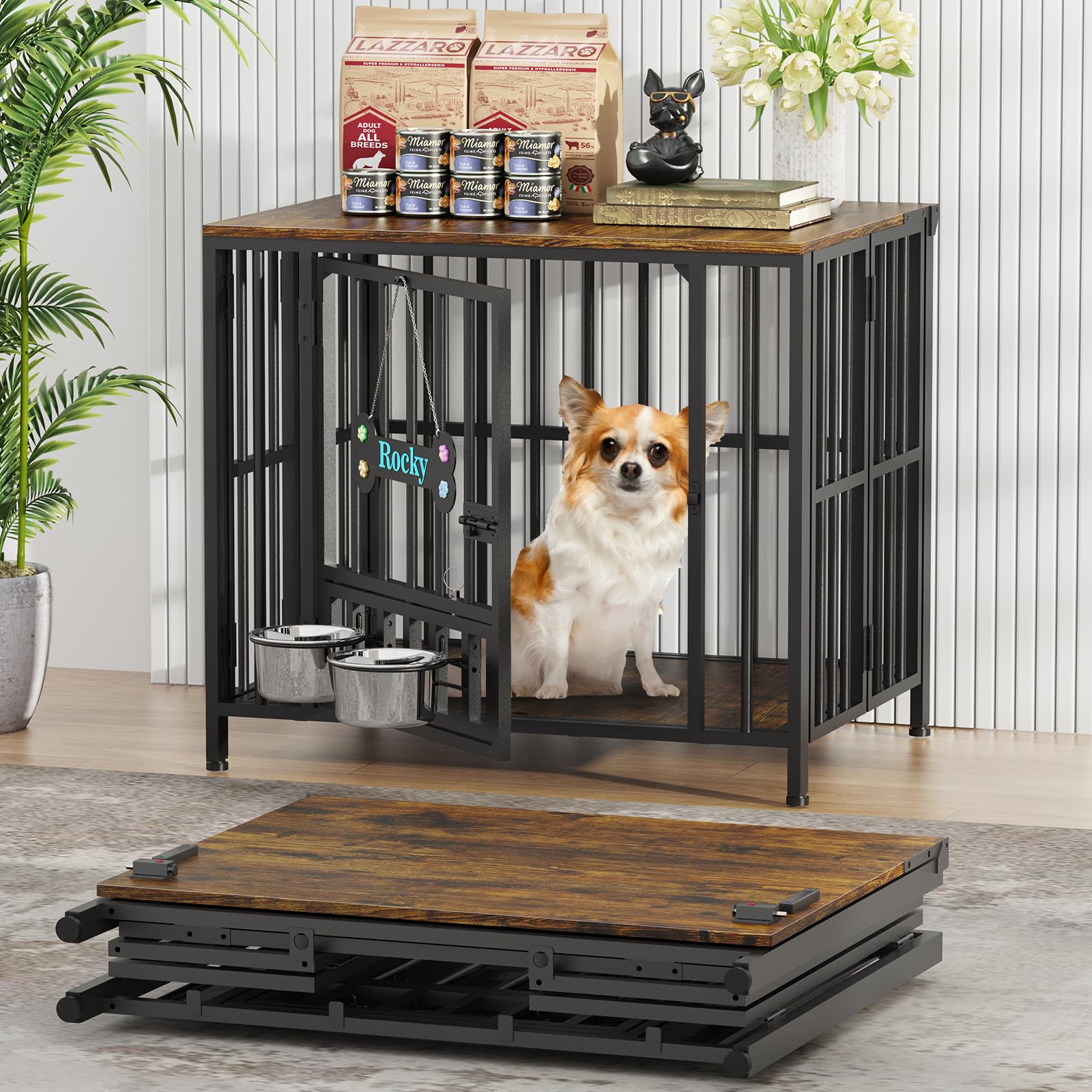 Easycom 27 Dog Crate Furniture Foldable, No Assembly Decorative Dog Kennel Indoor, Dog Crates for Small Dogs (Under 20 lb), Wood