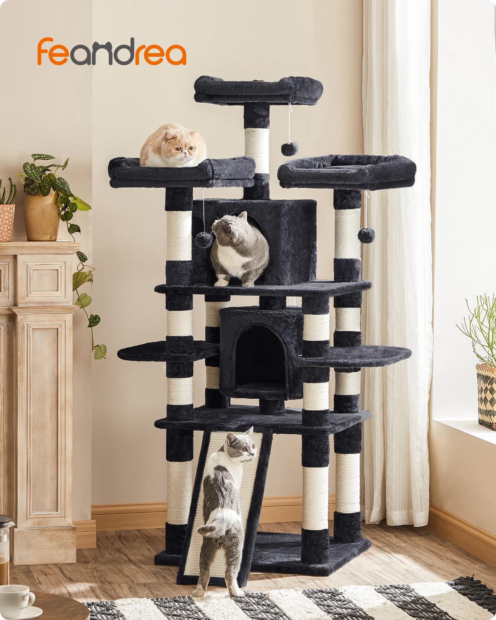Feandrea 67-Inch Multi-Level Cat Tree for Large Cats, Smoky Gray, XL, Model UPCT18G, Durable Particleboard & Plush Fabric