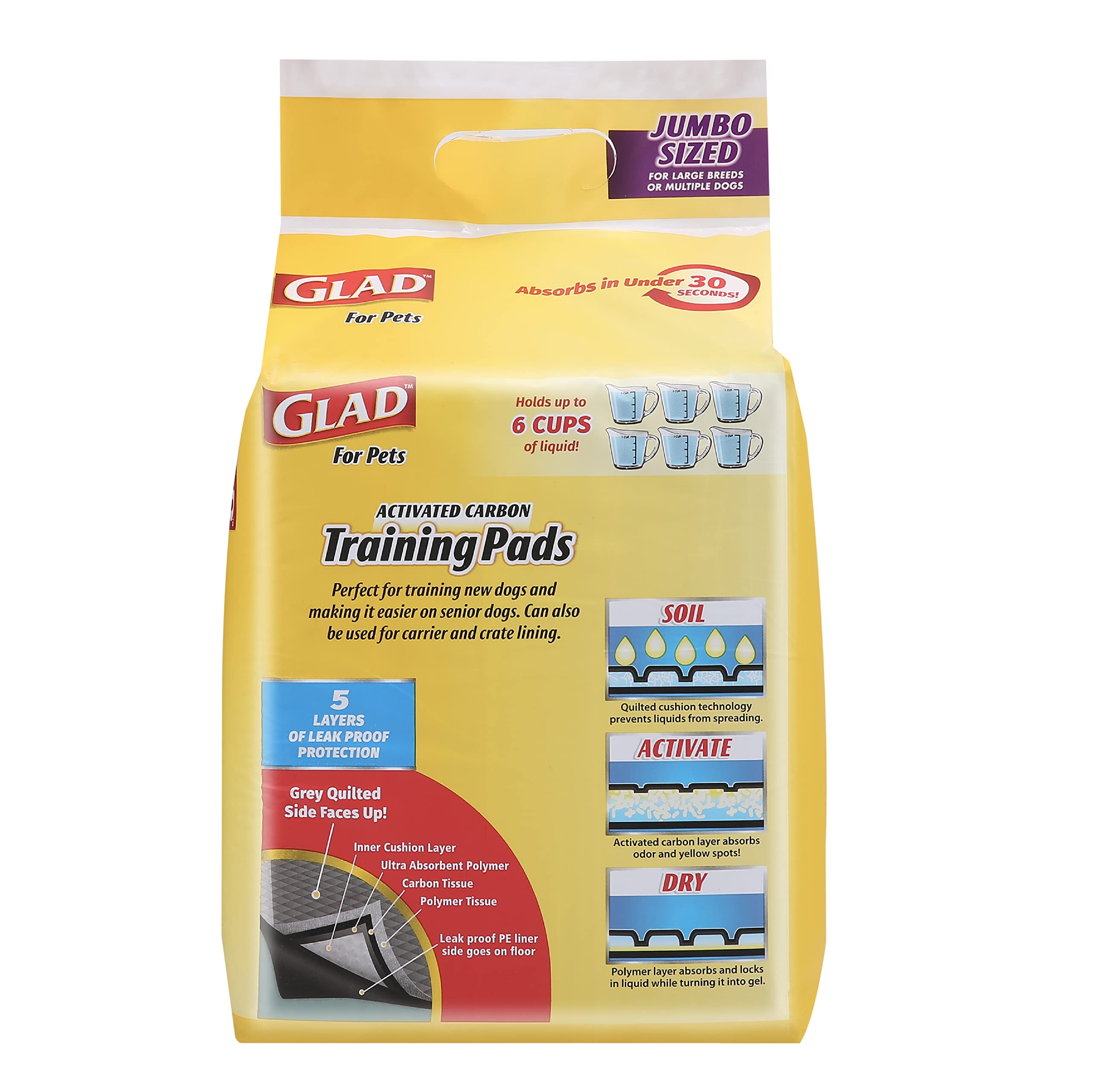 Glad Charcoal Puppy Pads - JUMBO-SIZE, Absorbent Training Pads, 180 Count, Model FF8882PCS6, Neutralizes Urine Instantly