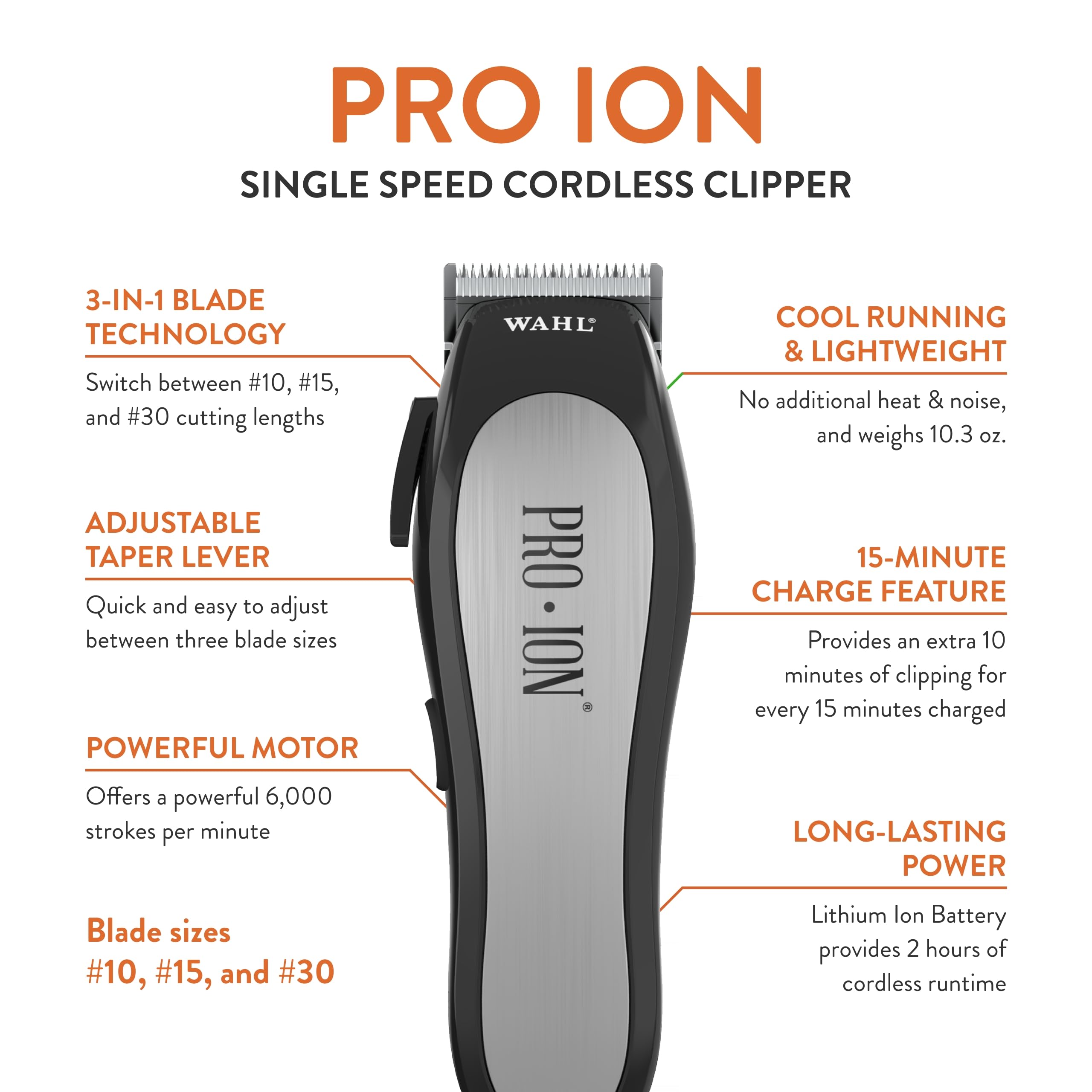 Wahl Professional Animal Pro Ion Cordless Clipper Kit for Dogs & Cats, Chrome, Stainless Steel, Model 9705, 10.3 Ounce