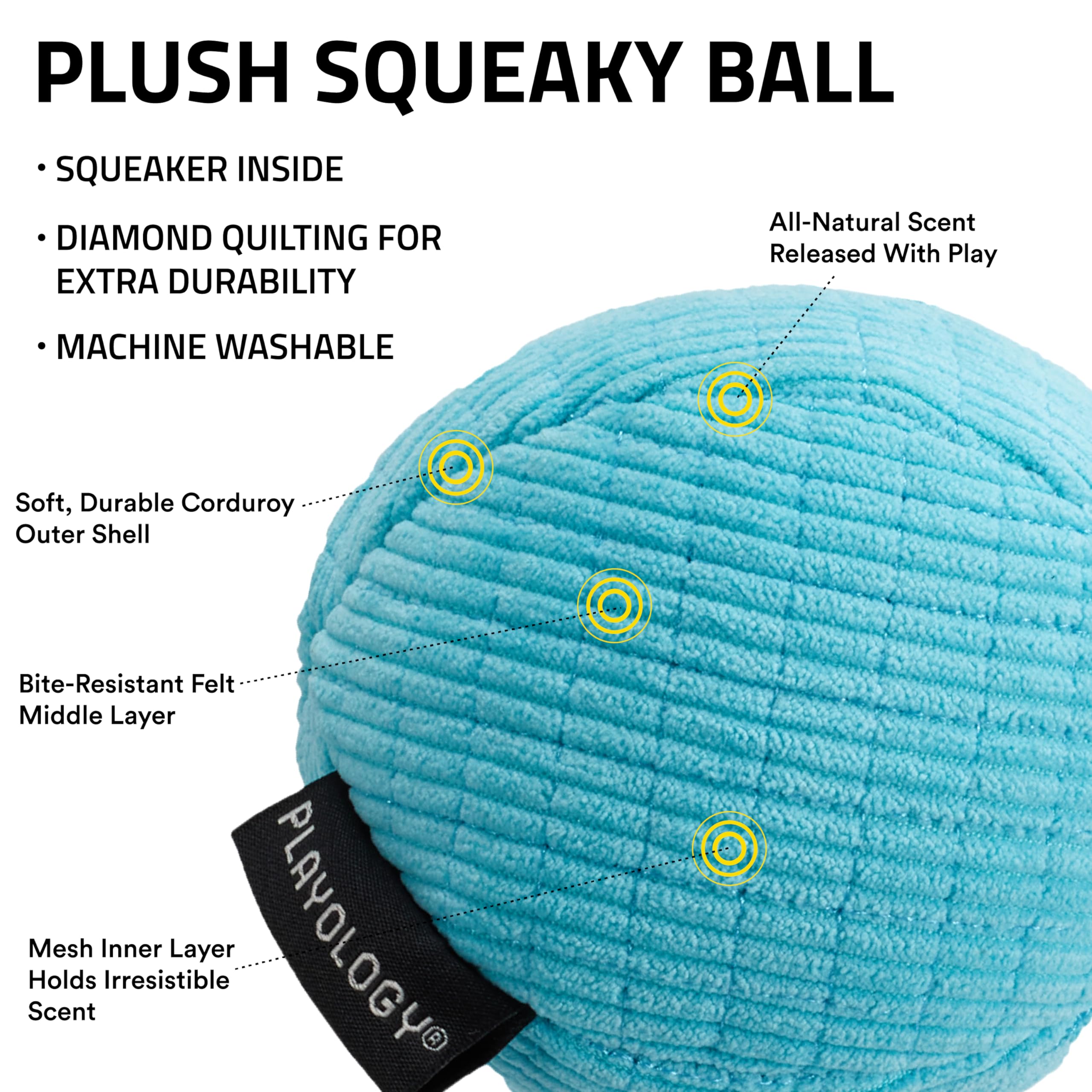 Playology Plush Squeaky Ball Dog Toy- Medium Dog Breeds (15-35 Lbs)- Engaging All-Natural Peanut Butter Scent
