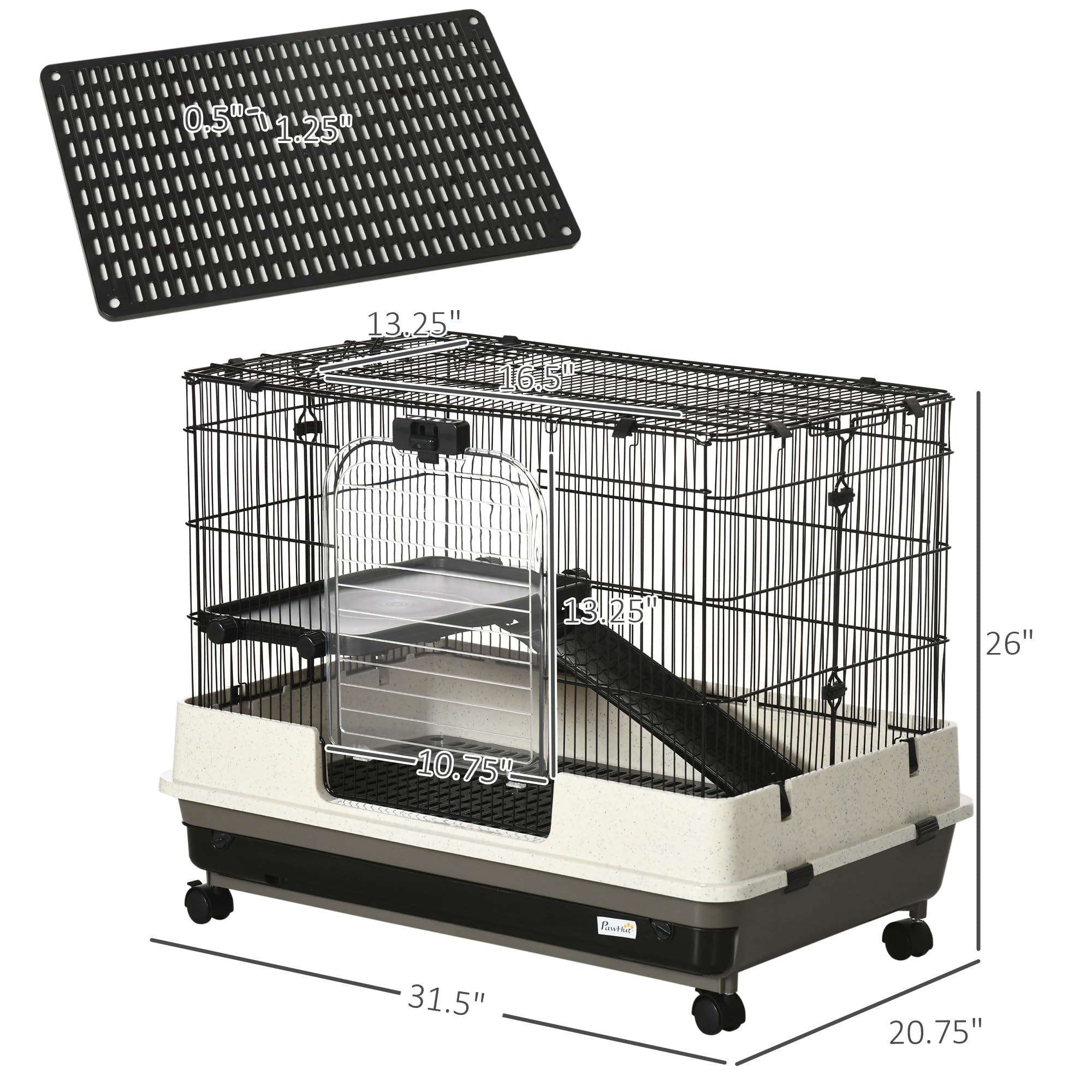 Pawhut 26' Small Animal Cage With Wheels, 2-Level Portable Bunny Cage, Chinchilla Ferret Cage With Removable Tray, Platform And Ramp