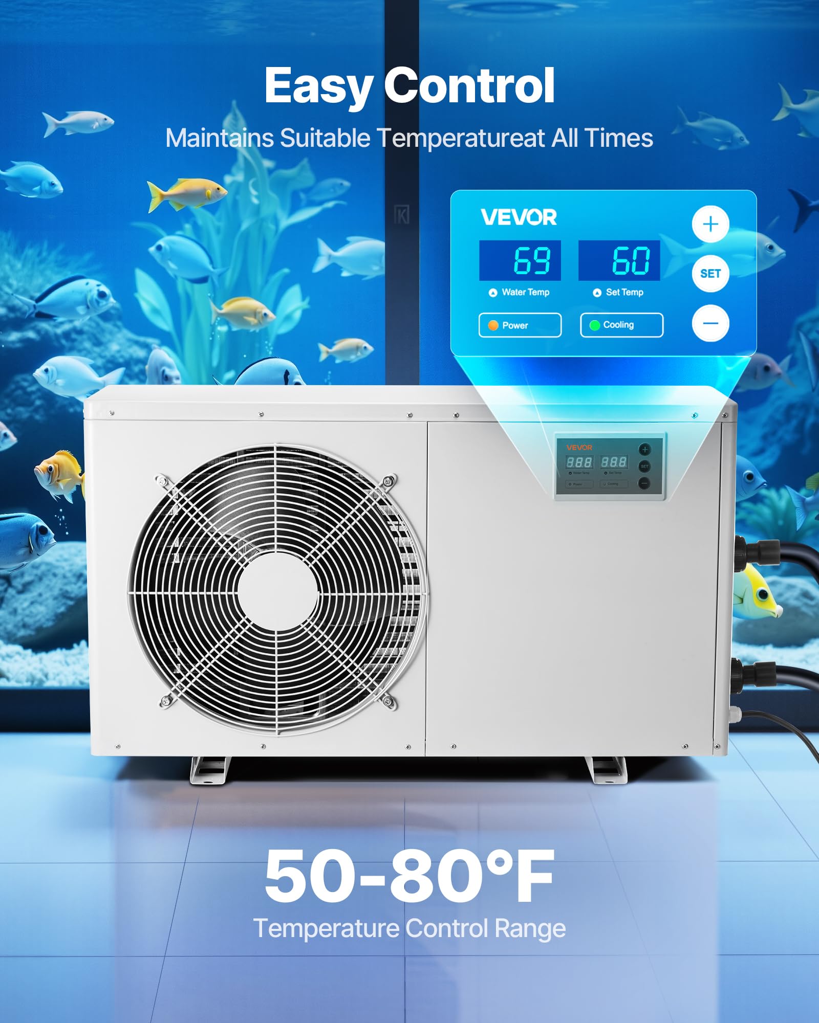 VEVOR Aquarium Chiller 500 Gallon, 1-1/2 HP Water Chiller for Hydroponics, Fast Cooling for Fish Tank,Axolotl,Coral Reef,Quiet R
