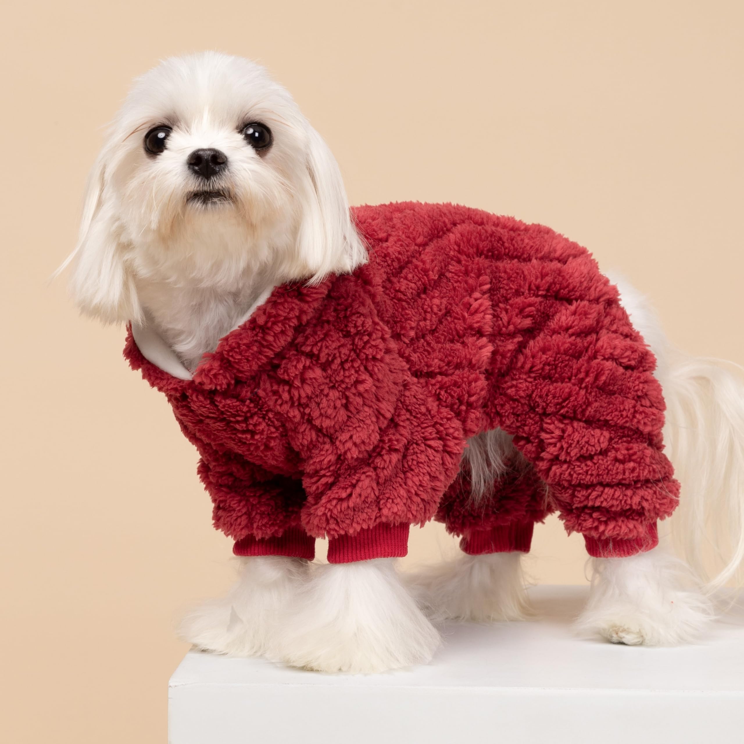 Fitwarm Turtleneck Fleece Dog Sweater Pajamas, Warm Winter Dog Clothes For Small Dogs Boy Girl, Fuzzy Pet Onesie With Feet, Red,