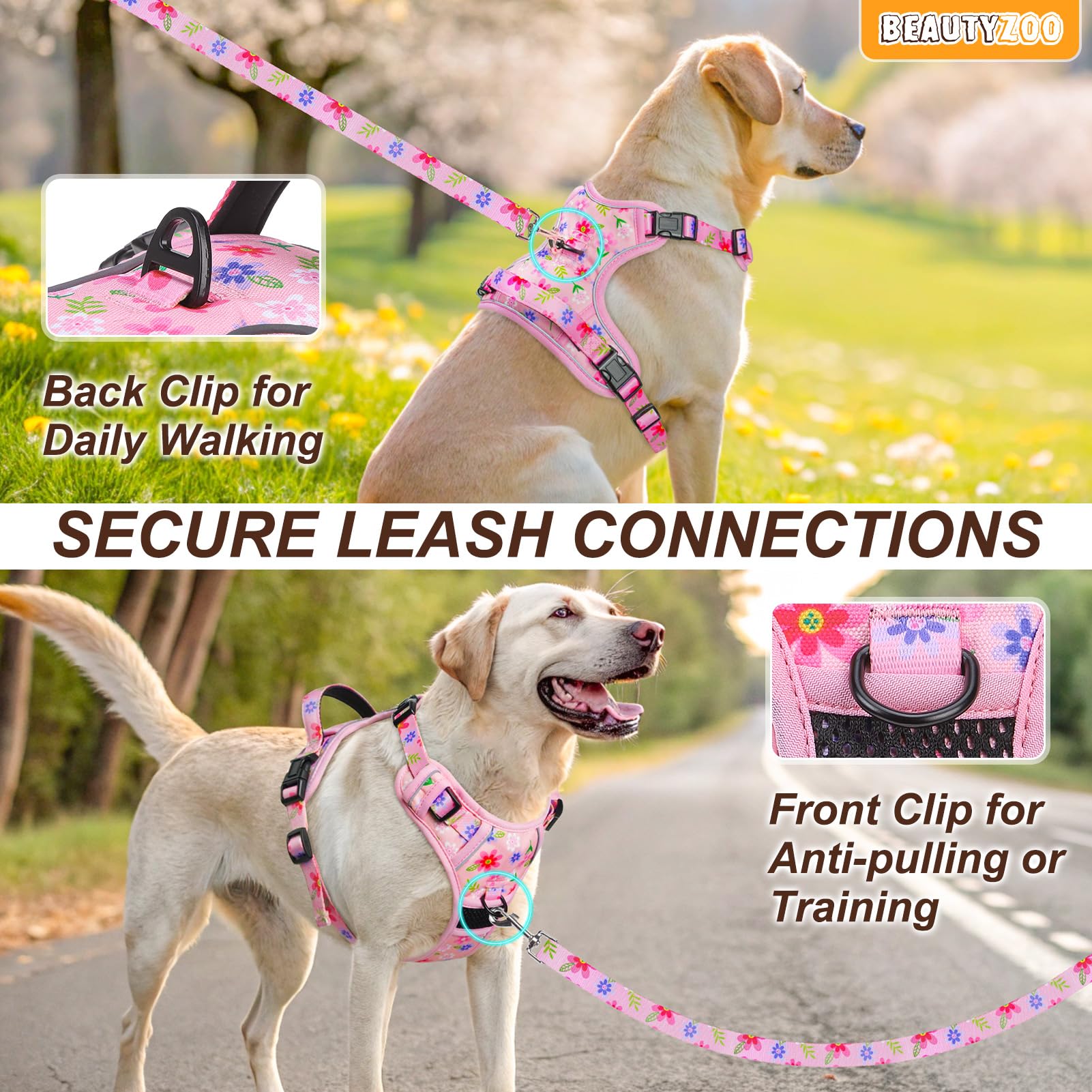 Beautyzoo No Pull Dog Harness Large, Adjustable Dog Harness And Leash Set -Easy Wearing With 3 Buckles/Control Handle,No Choke S