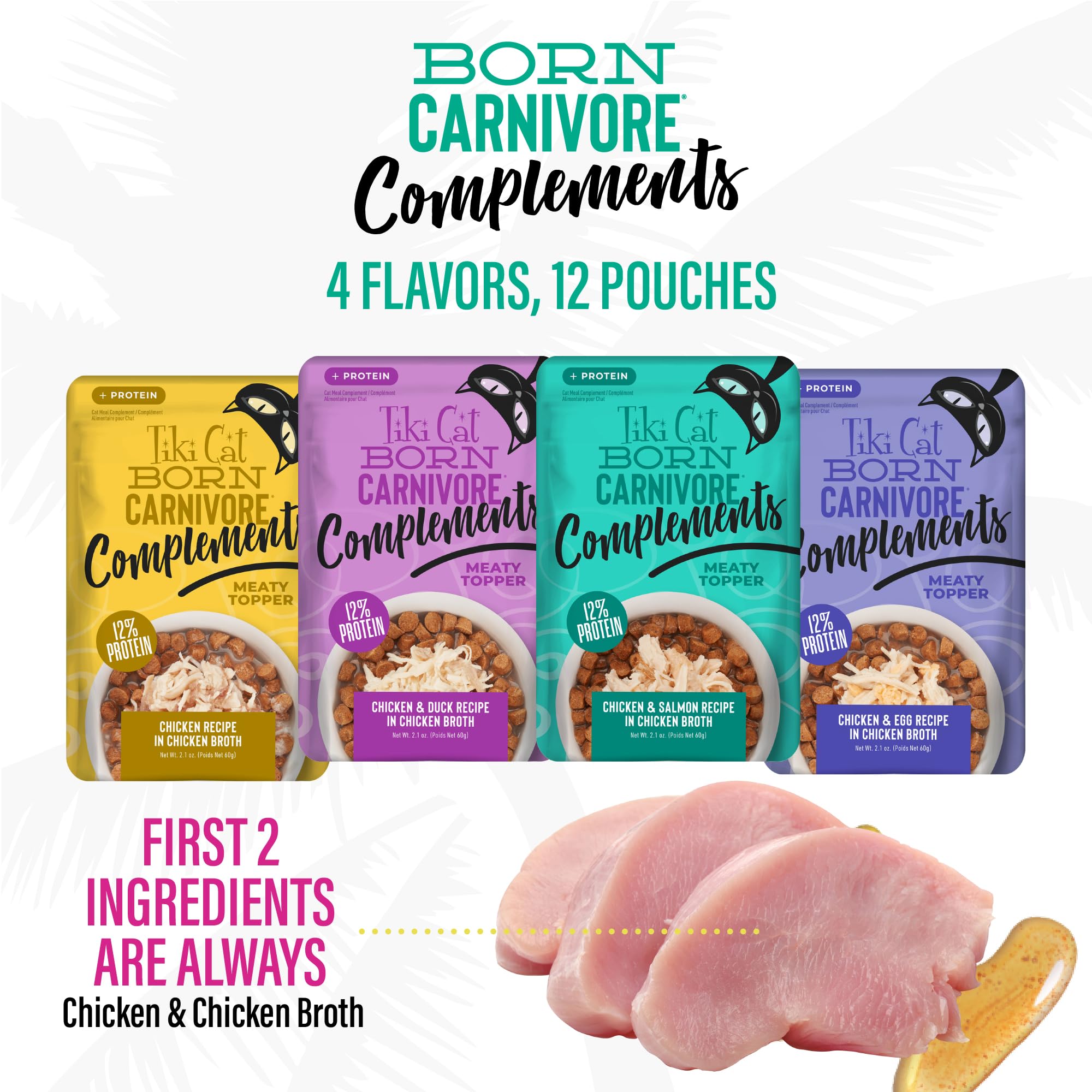 Tiki Cat Born Carnivore Complements Wet Cat Food Topper, Variety Pack 2.1 oz. Pouch (12 Count)
