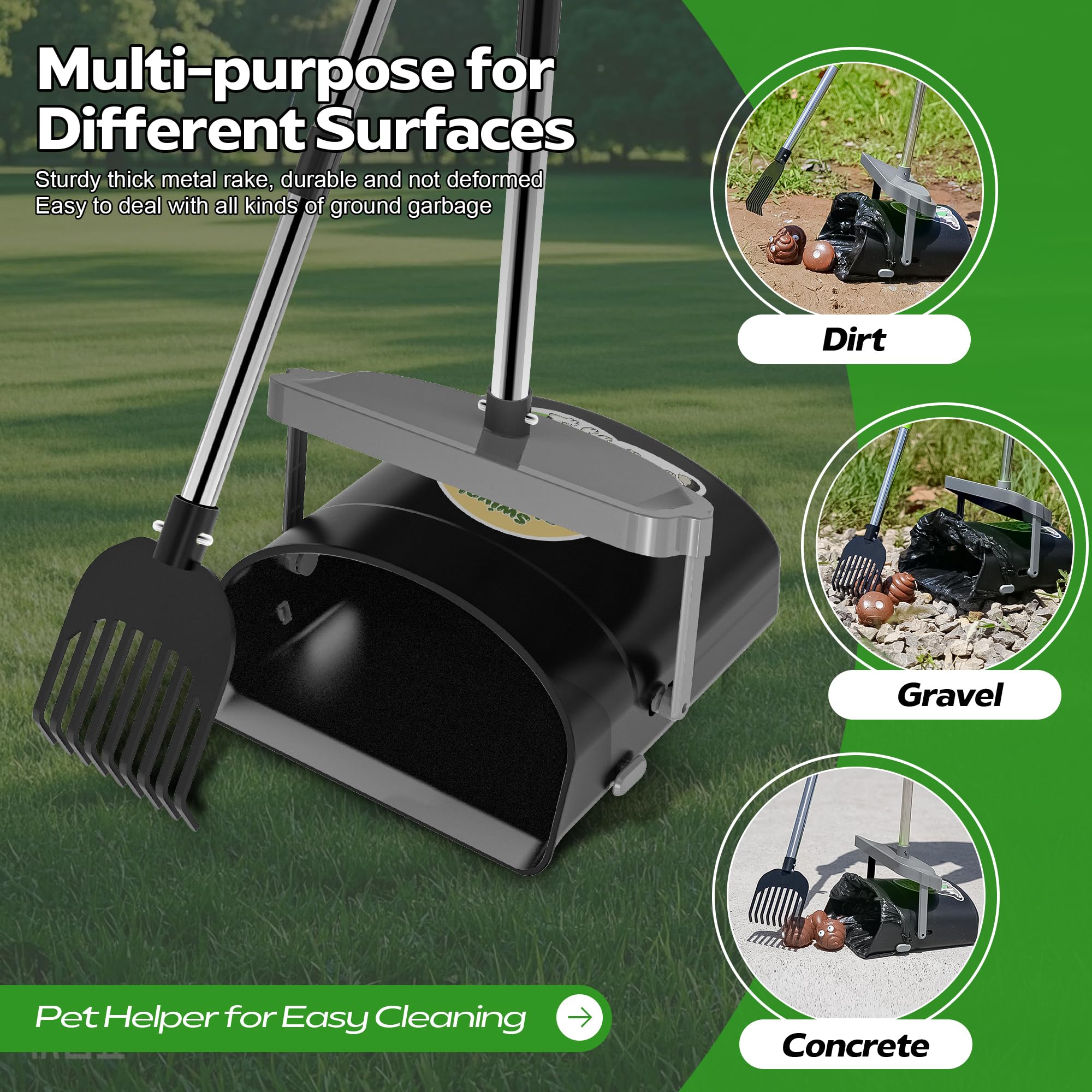 UPSKY Dog Pooper Scooper Swivel Bin & Rake Kit with 100 Waste Bags,33.4 '' Stainless Steel Long Handle Heavy Duty Pet Poop Shove