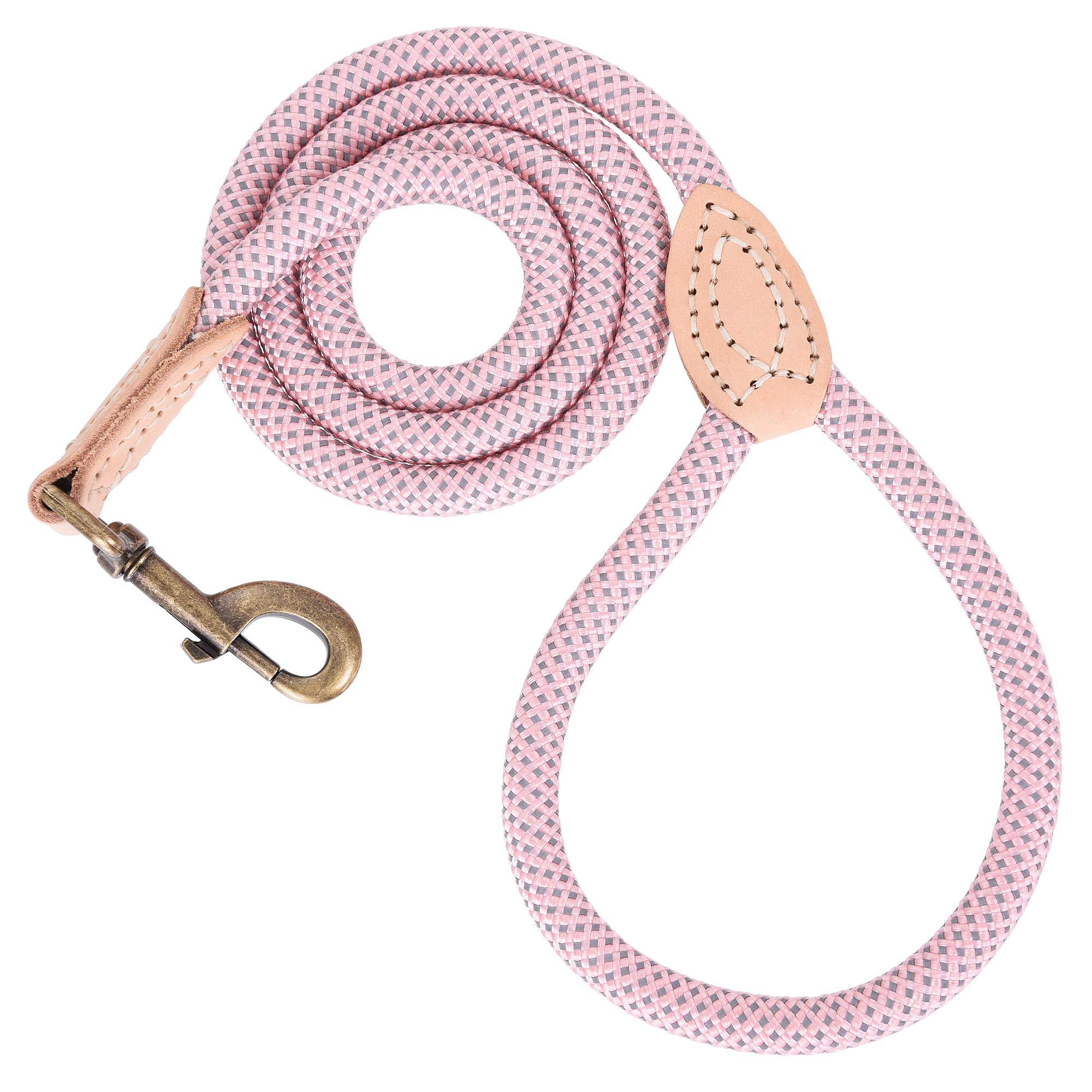 Mile High Life Dog Rope Leash 4 Ft With Genuine Leather Tip, Reflective Rope Leash For Medium Large Dogs (Pink, 48 Inch)