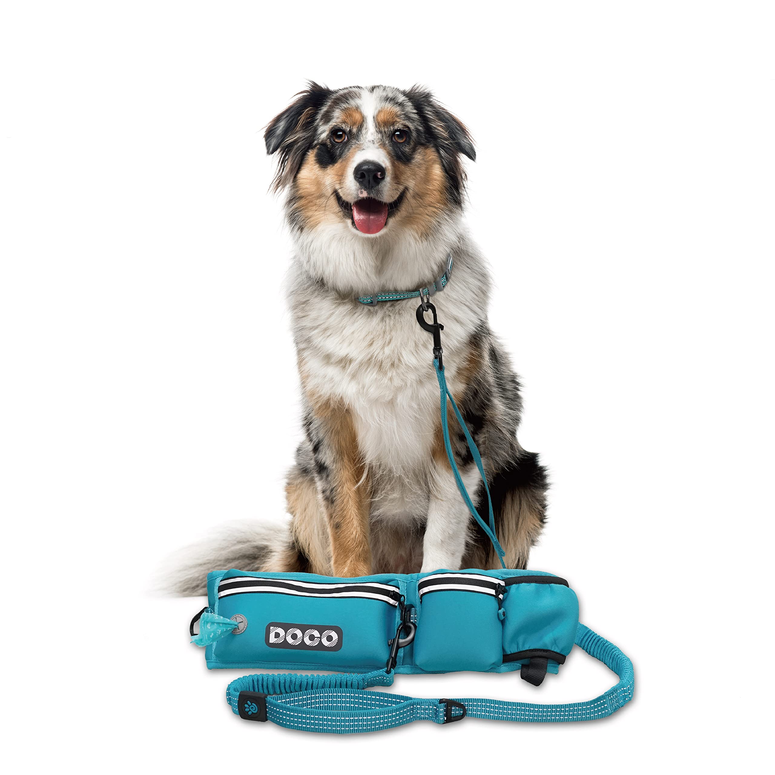 DOCO Heavy Duty Dog Leash - Adjustable Waist Belt, Bungee Design, Reflective, Medium-Large, Turquoise