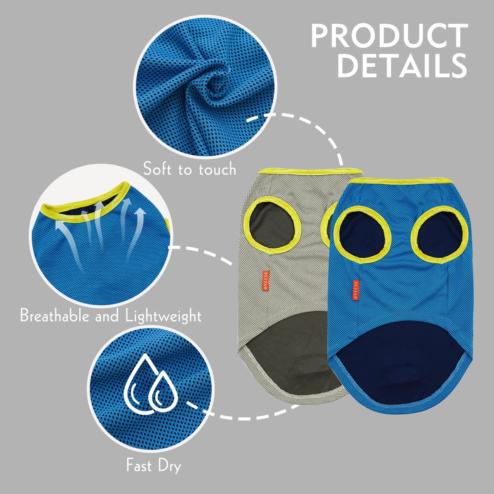Kyeese 2 Pack Dog Cooling Shirts - Breathable Instant Cooling Vests, Lightweight For Summer Dog Apparel, Blue+Grey, Small