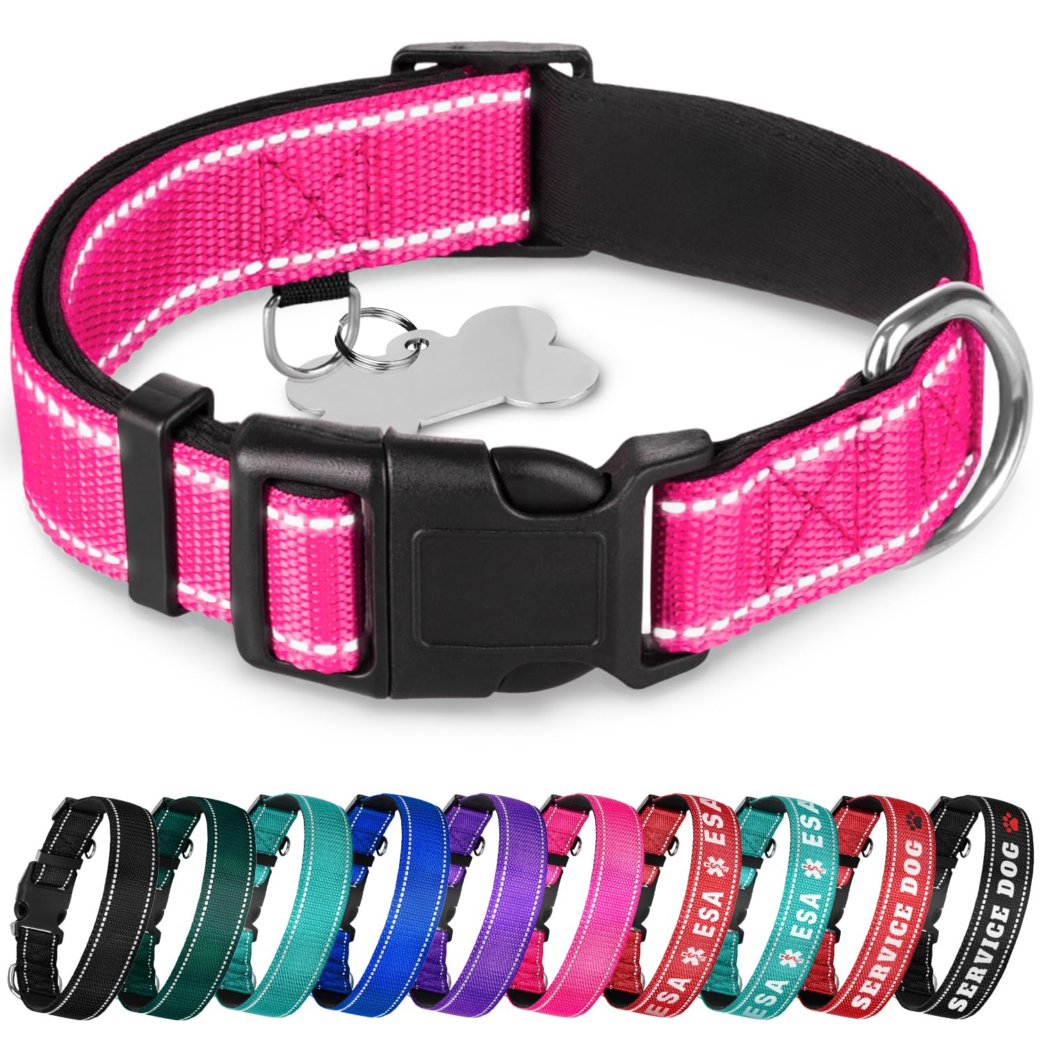 Teceum Reflective Pet Collar - Hot Pink - S - Extra Soft Padding - Basic Nylon Dog Collar - Quick Release Buckle - Fits Small, M